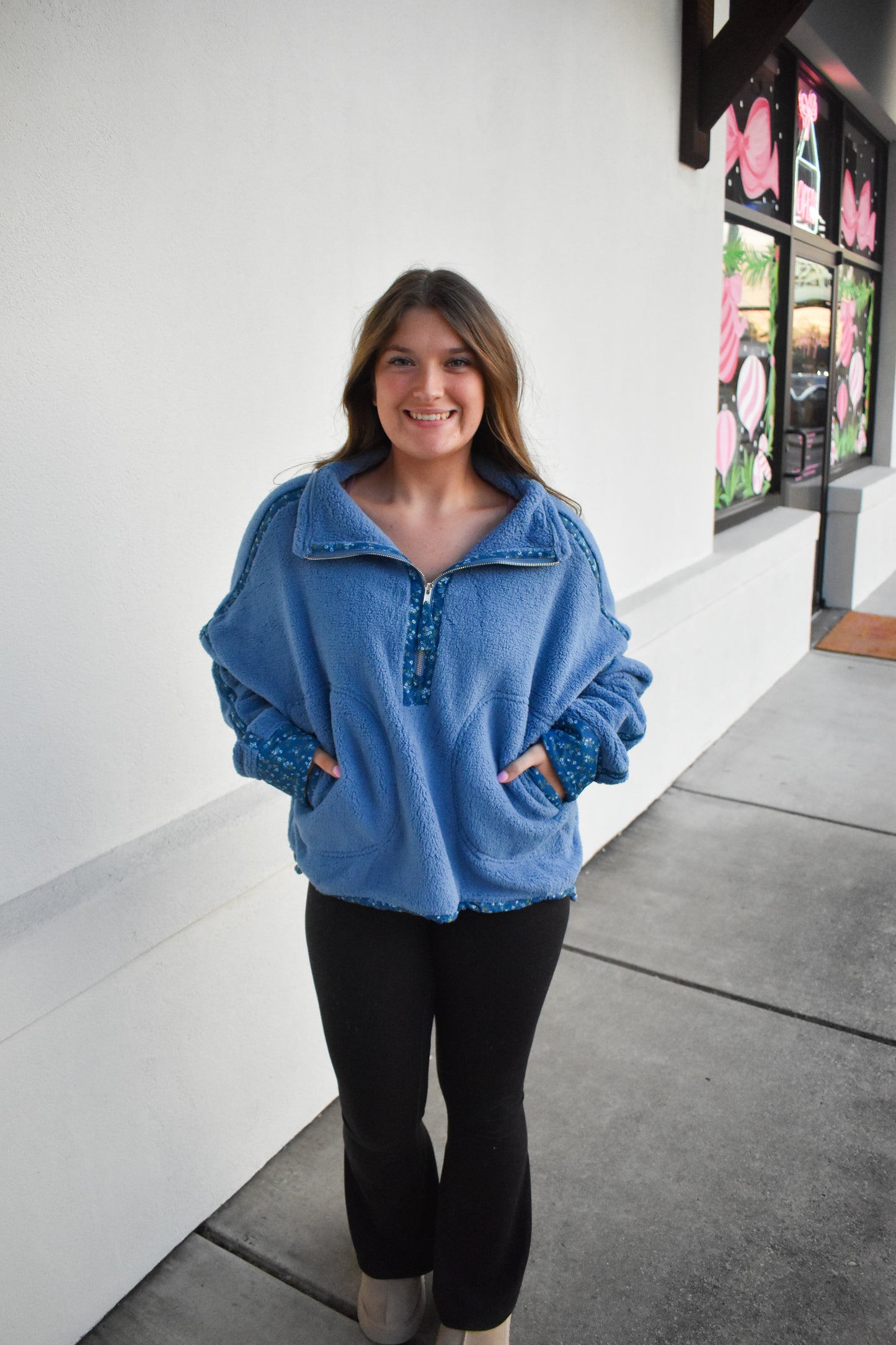 Floral Piping Detail Sherpa Jacket