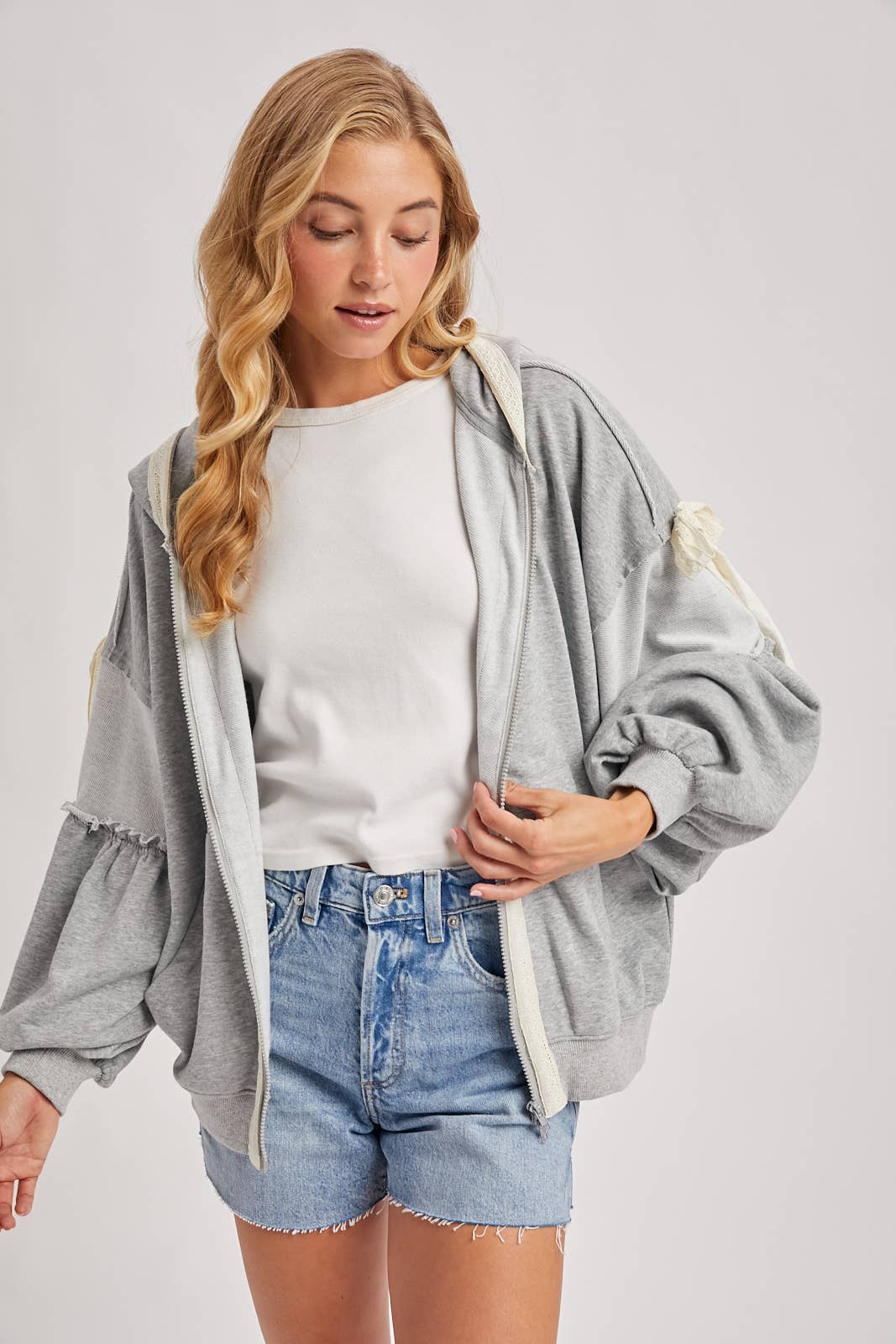 Bow Lace Hoodie W/ Double Zipper
