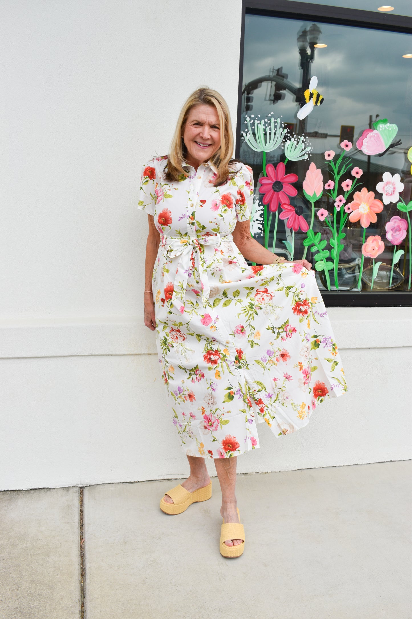 Floral Short Sleeve Belted Midi Dress