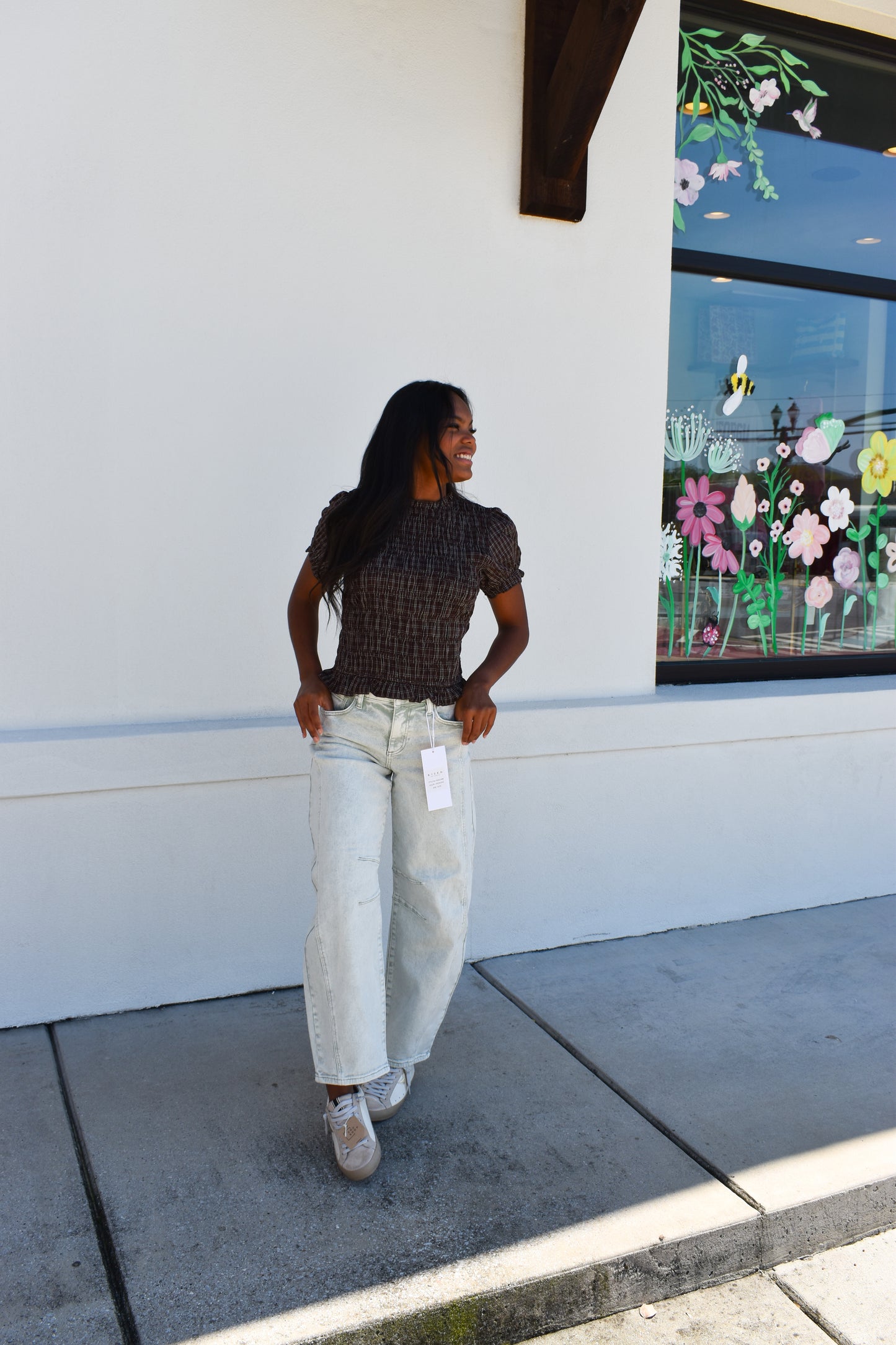 Puff Sleeve Plaid Smocked Top