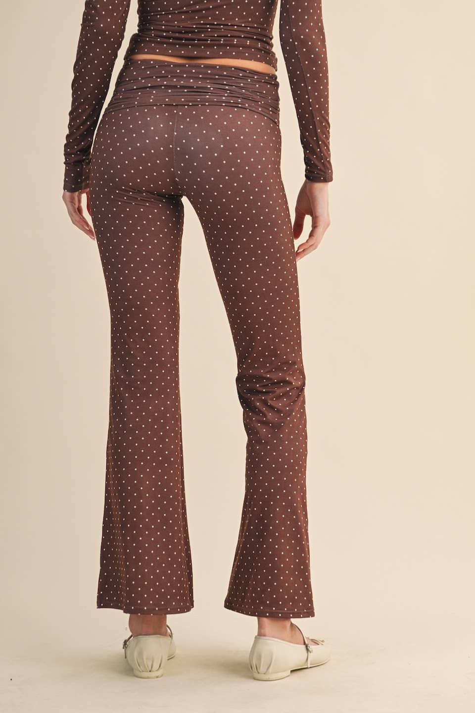 Polka Dot Print Soft Knit Jersey Foldover Flare Pants