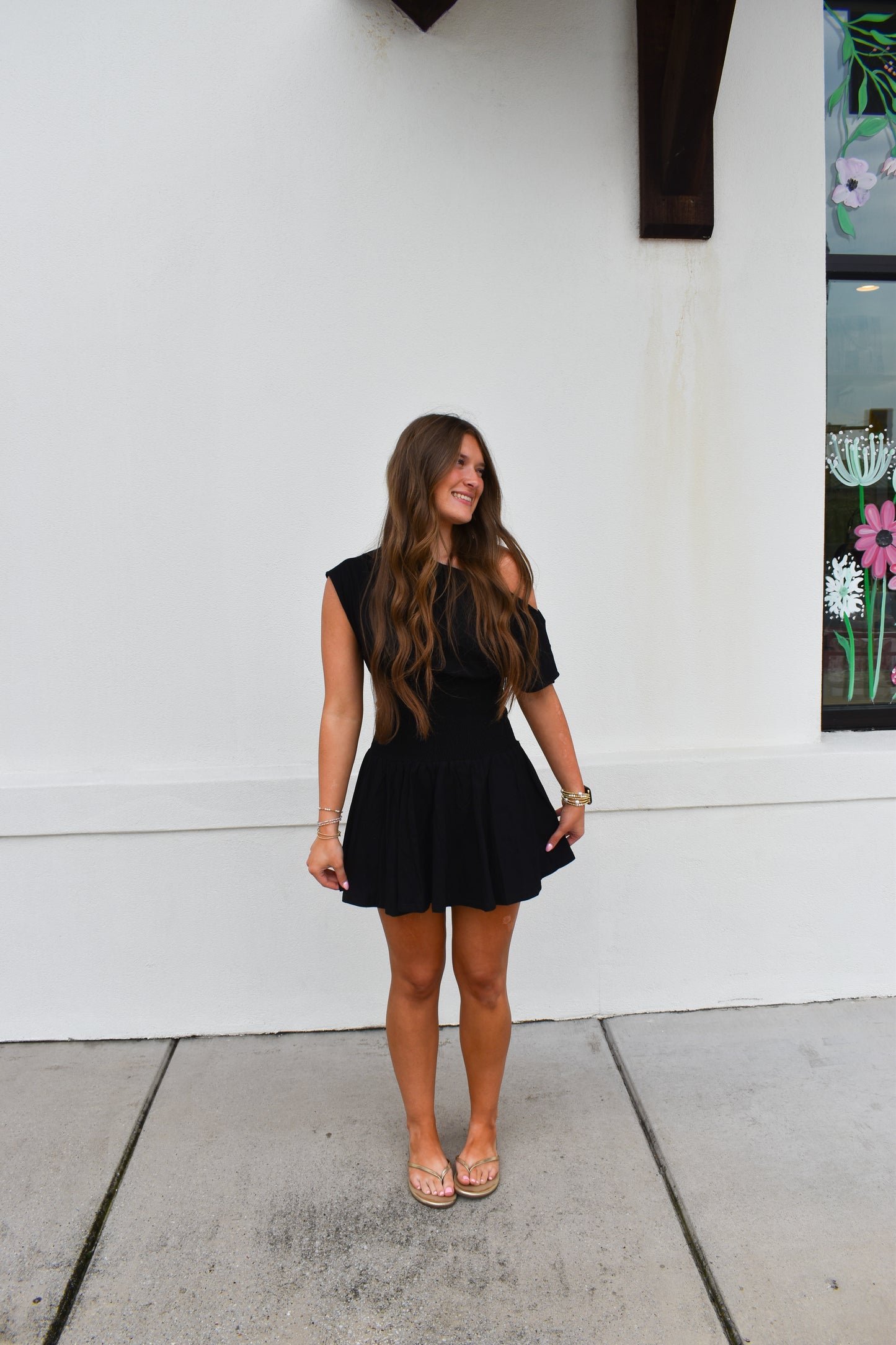 Off Shoulder Smocked Waist Dress: Black
