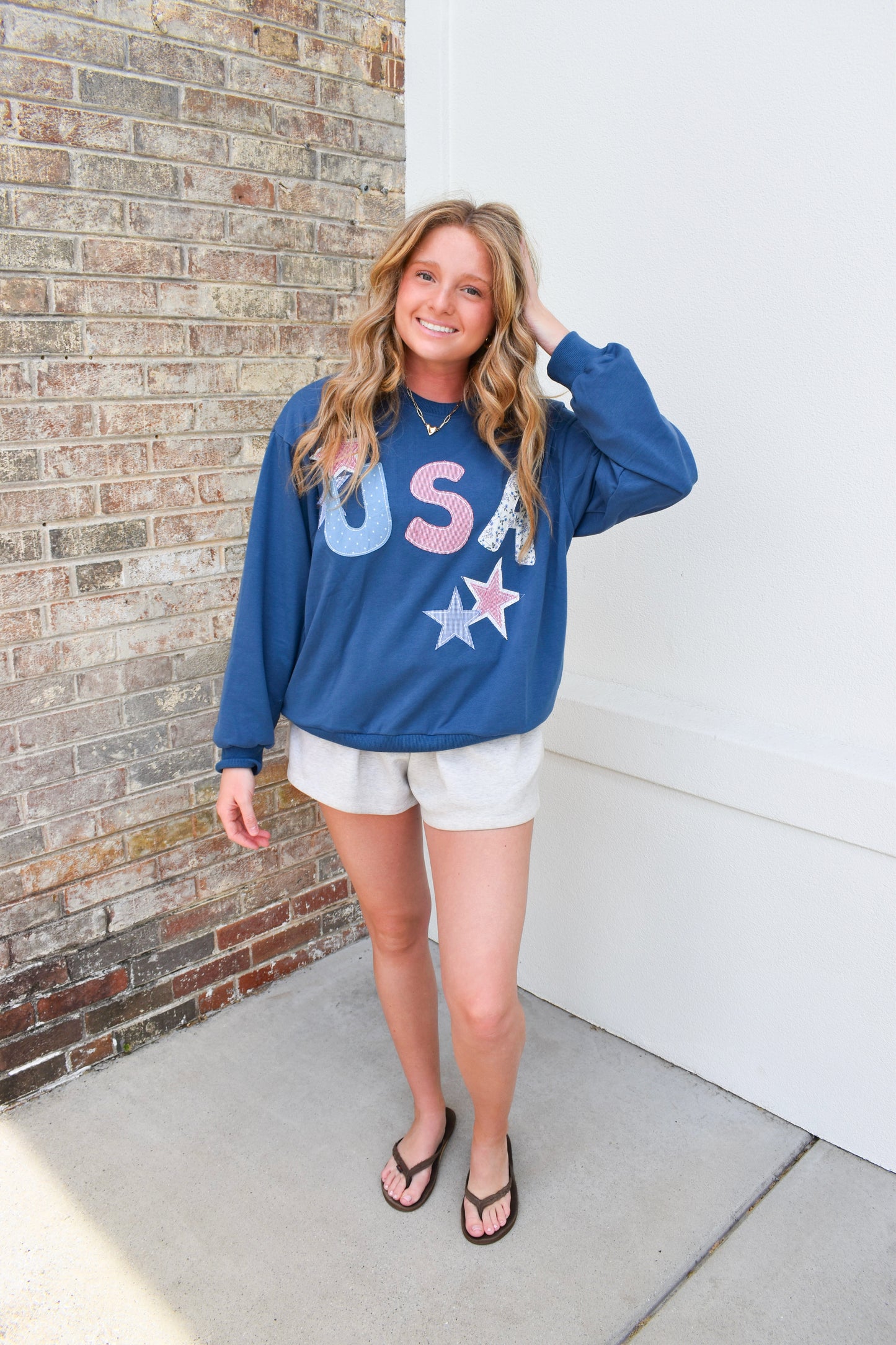 USA Patchwork Pattern Crewneck: Blue