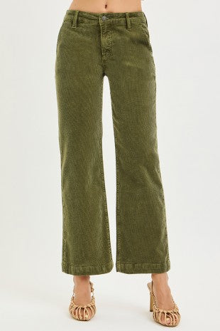 Tummy Control Mid Rise Ankle Straight Corduroy: Green