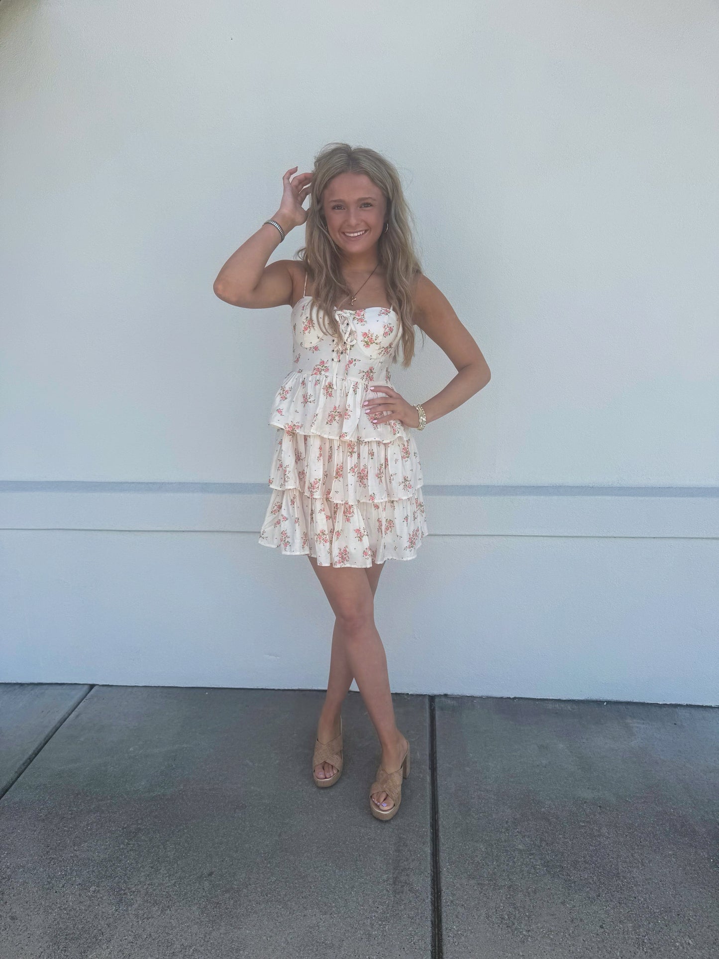 Front Lace Up Ruffle Tiered Mini Dress