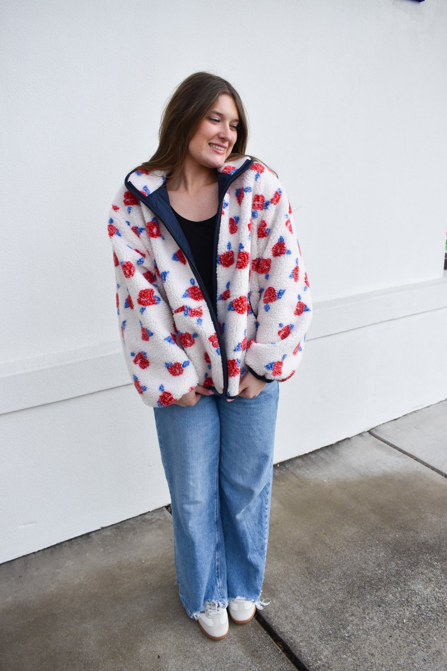 Cozy Oversized Rose Pattern Fleece Zip Up Jacket