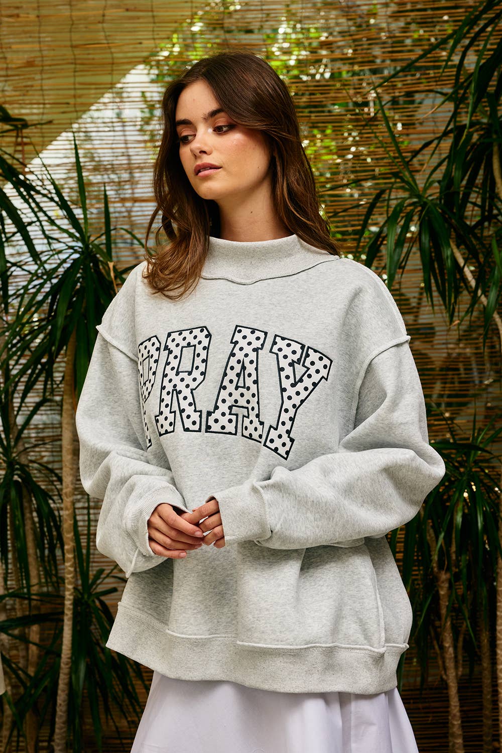 Embroidered "PRAY" Polka Dot Mockneck