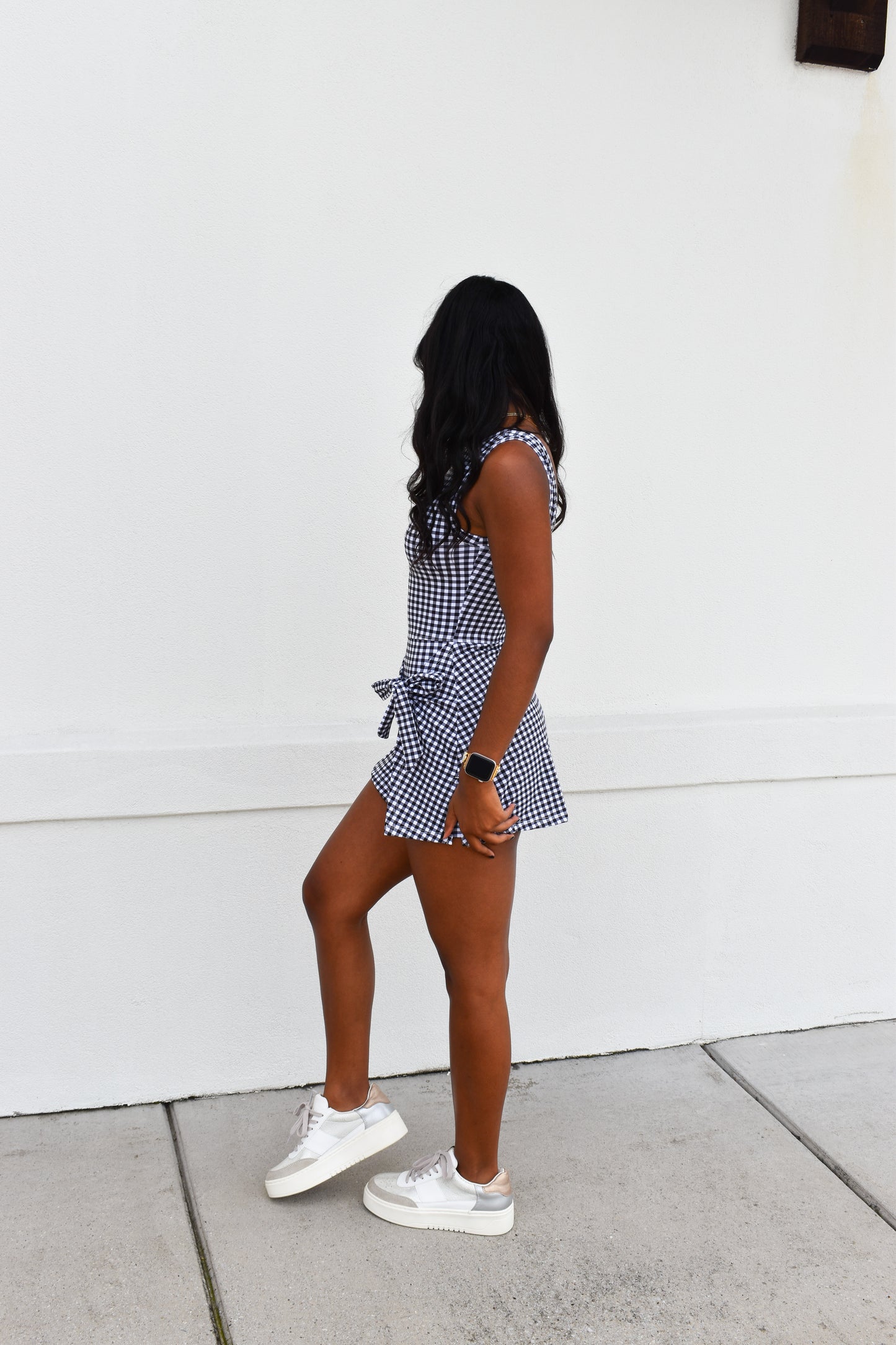 Gingham Athletic Wrap Tie Dress: Black