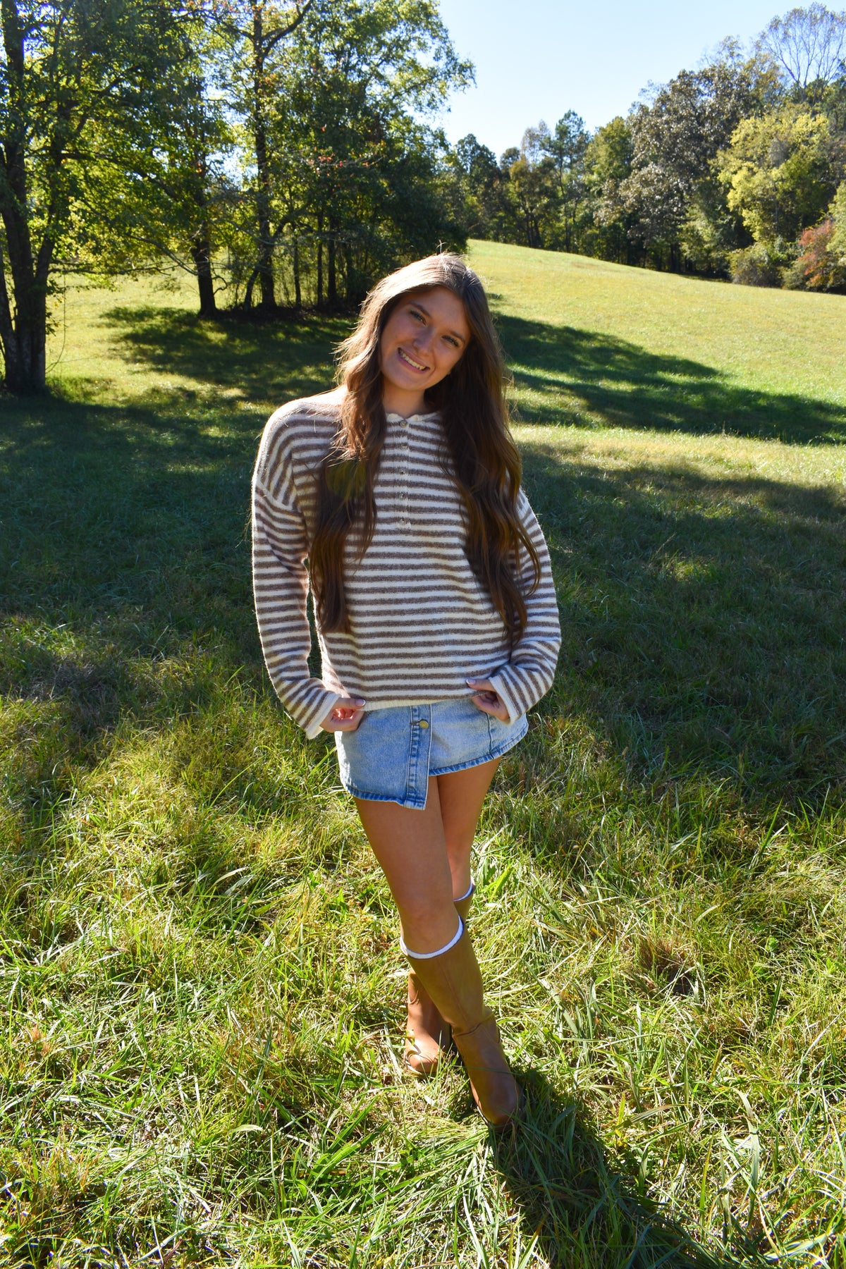Beige Stripe Henley Pullover