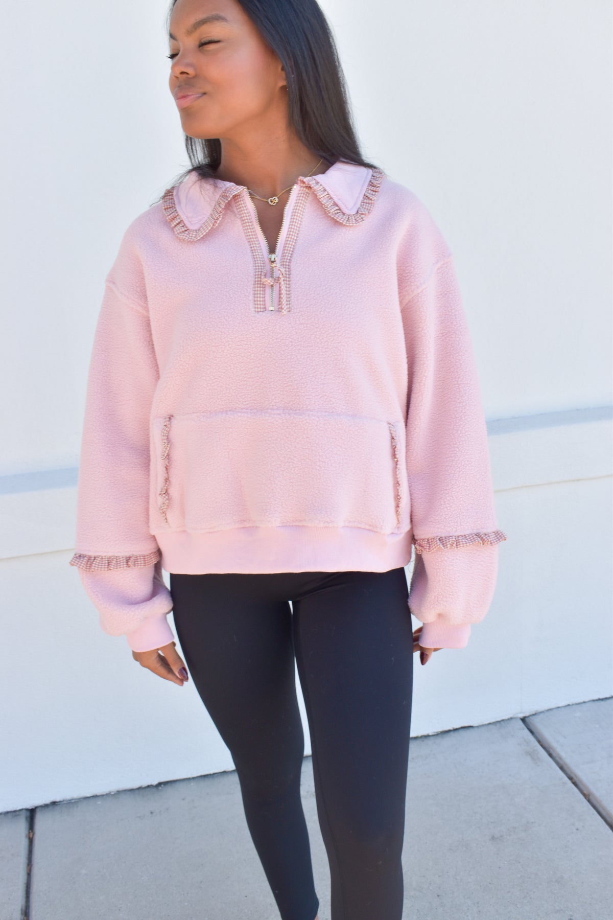 Gingham Fleece Collared Pullover: Pink