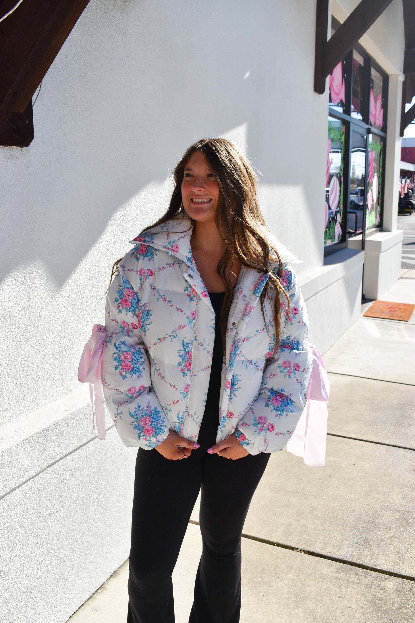 Floral Print Bow Knot Puffer Jacket