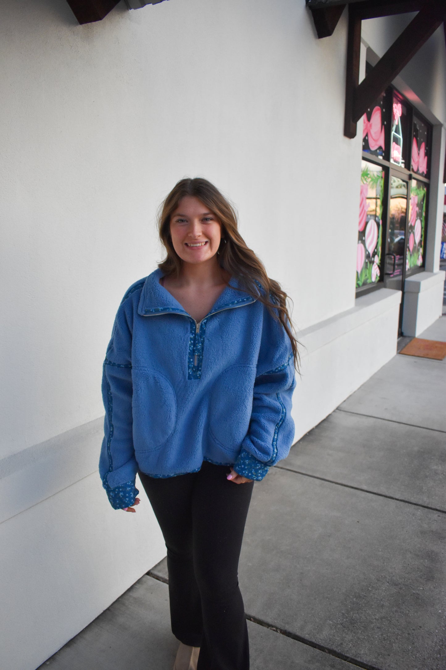 Floral Piping Detail Sherpa Jacket