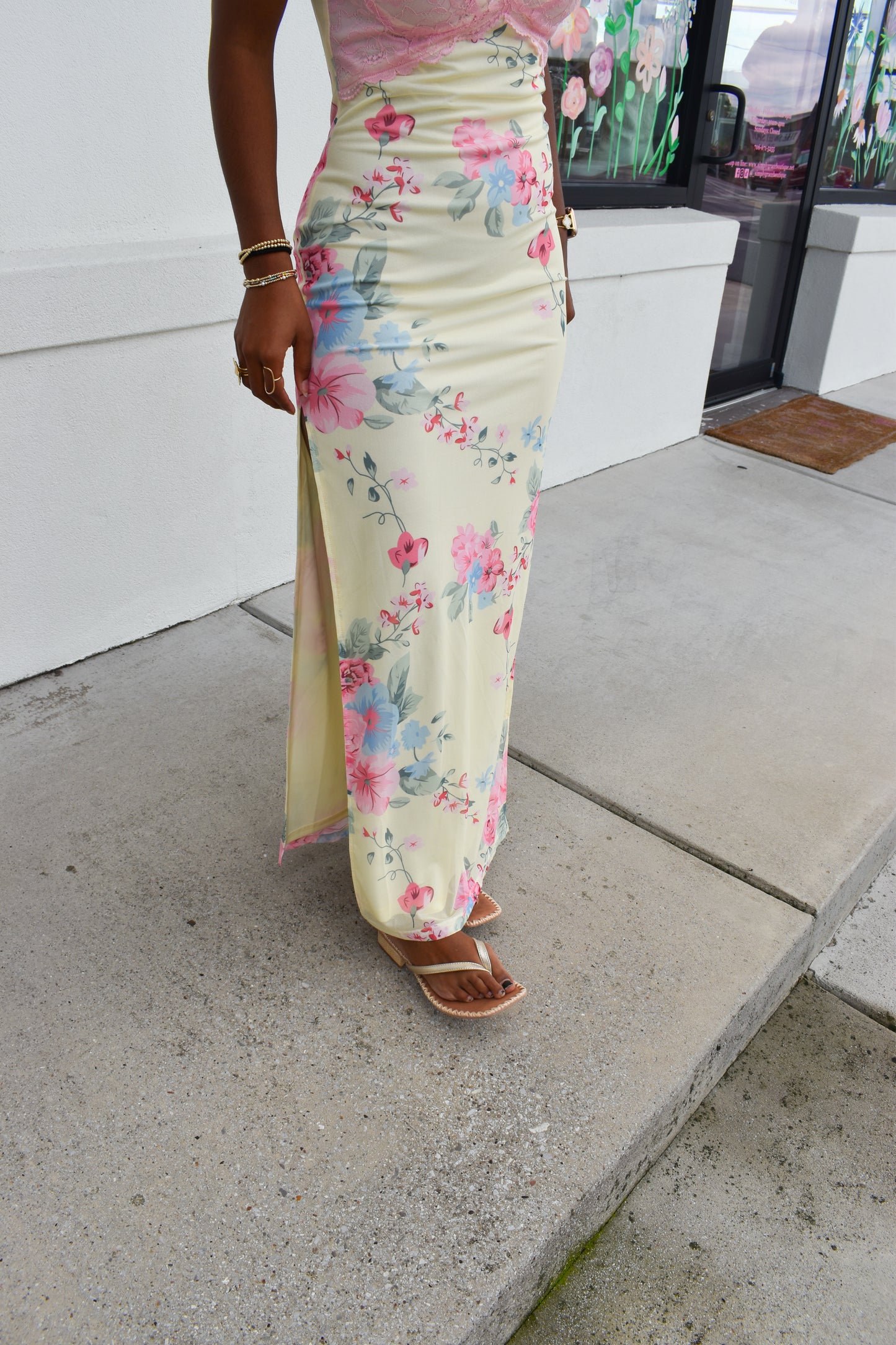 Mesh Floral Print Lace Detail Side Slit Maxi Dress