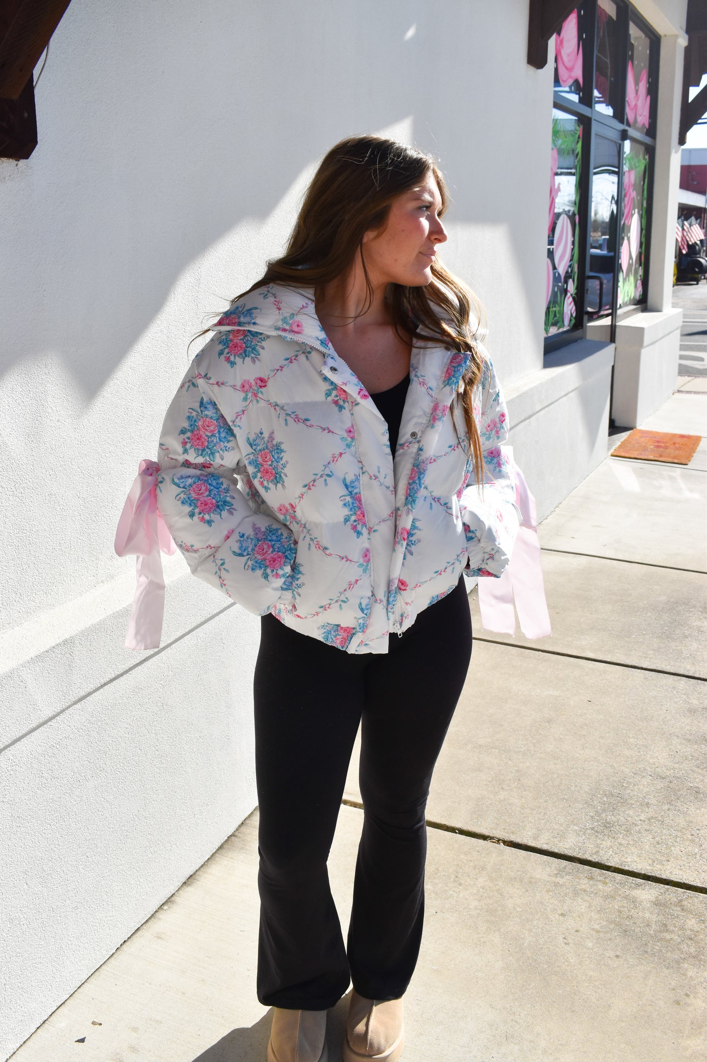 Floral Print Bow Knot Puffer Jacket