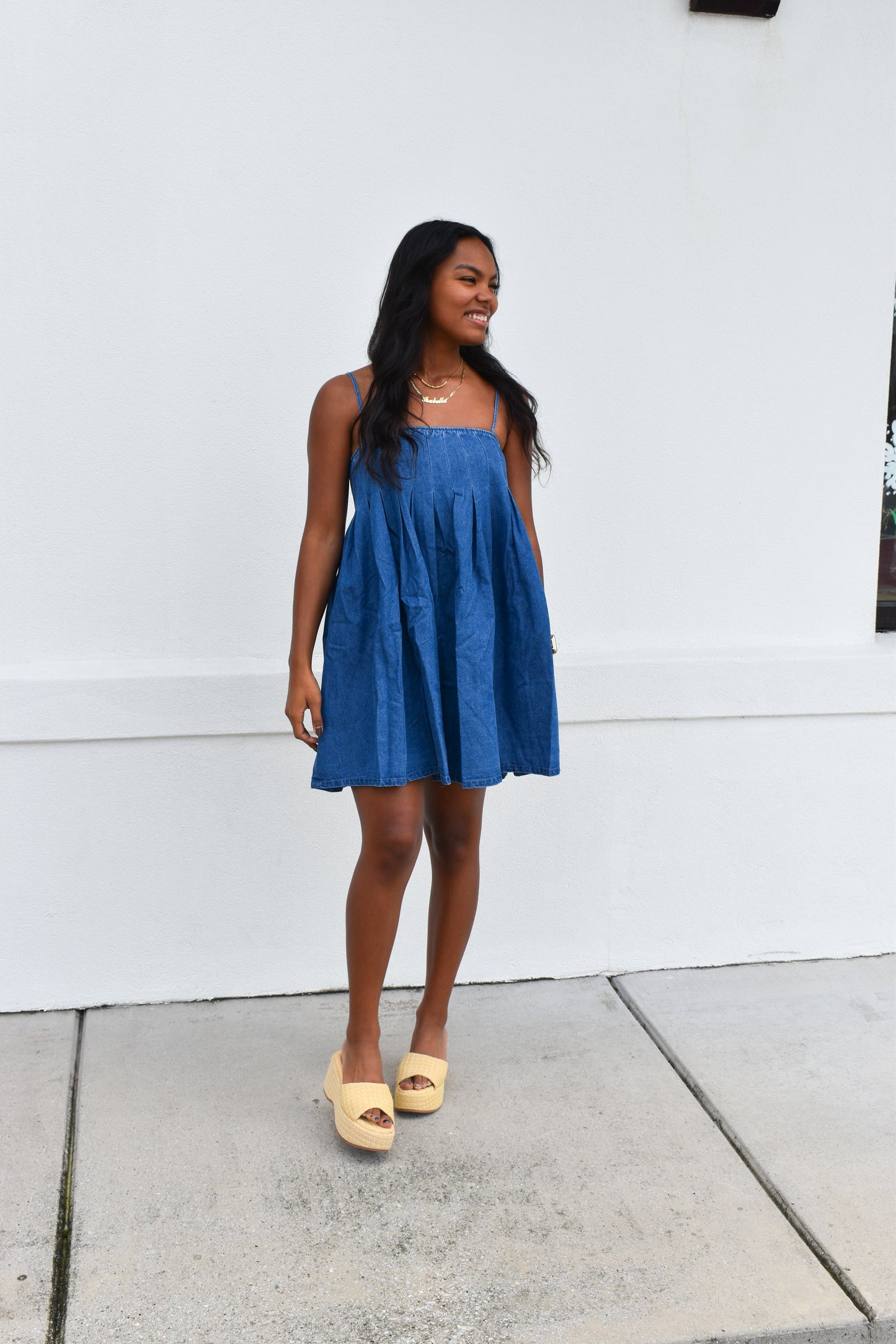 Denim Pleated Babydoll Dress