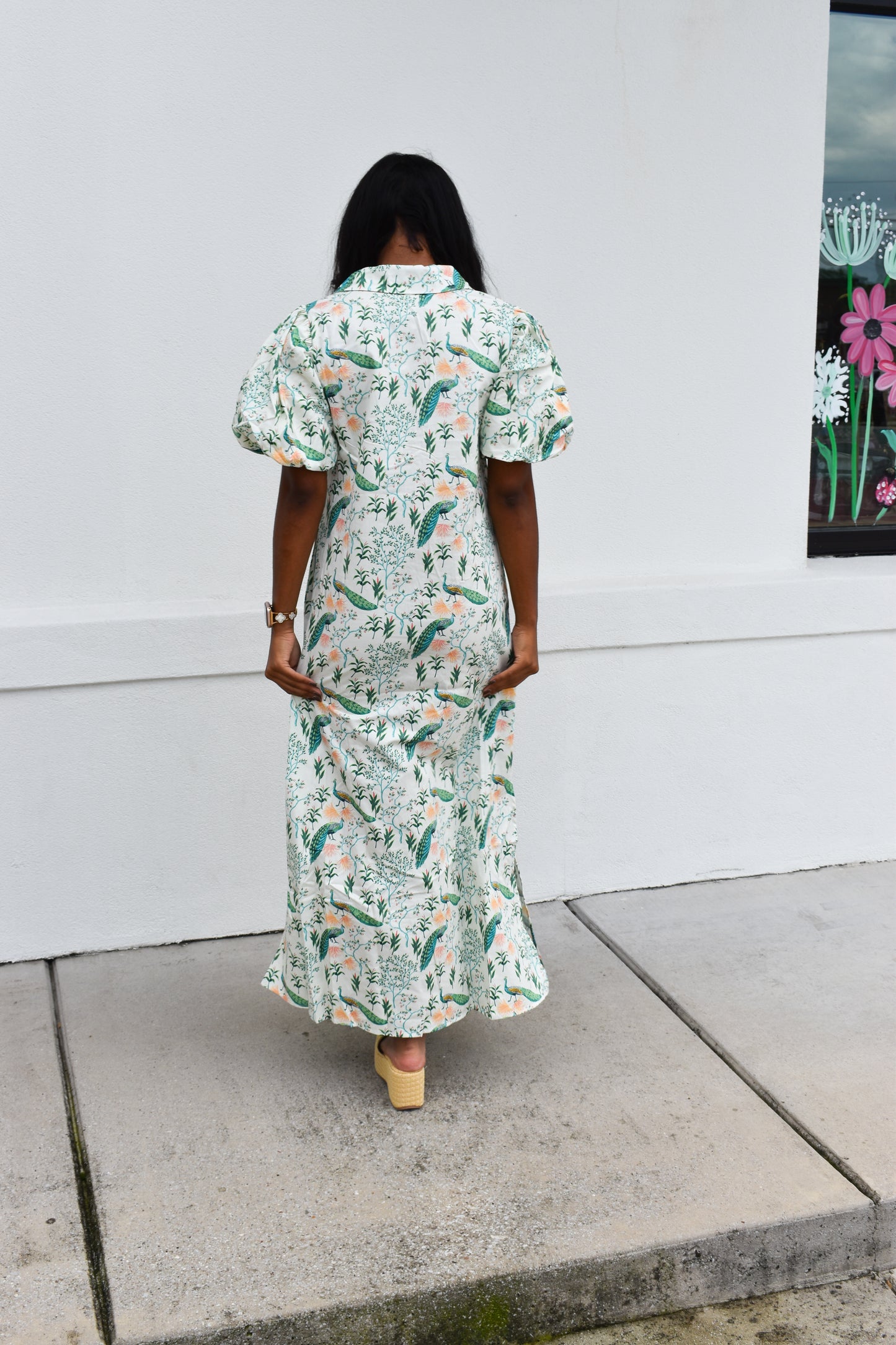 Peacock Print Puff Sleeve Midi Dress