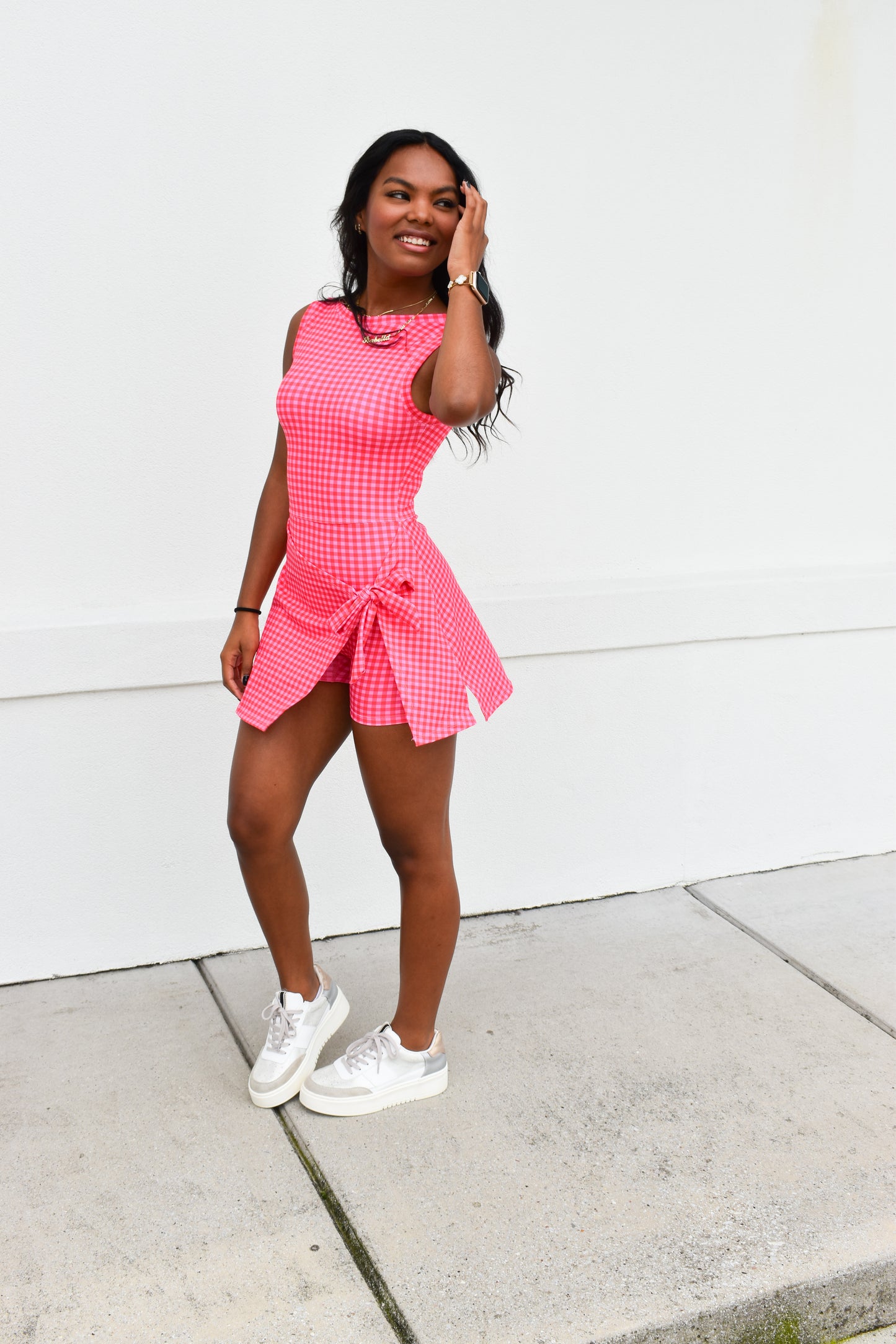 Gingham Athletic Wrap Tie Dress: Hot Pink