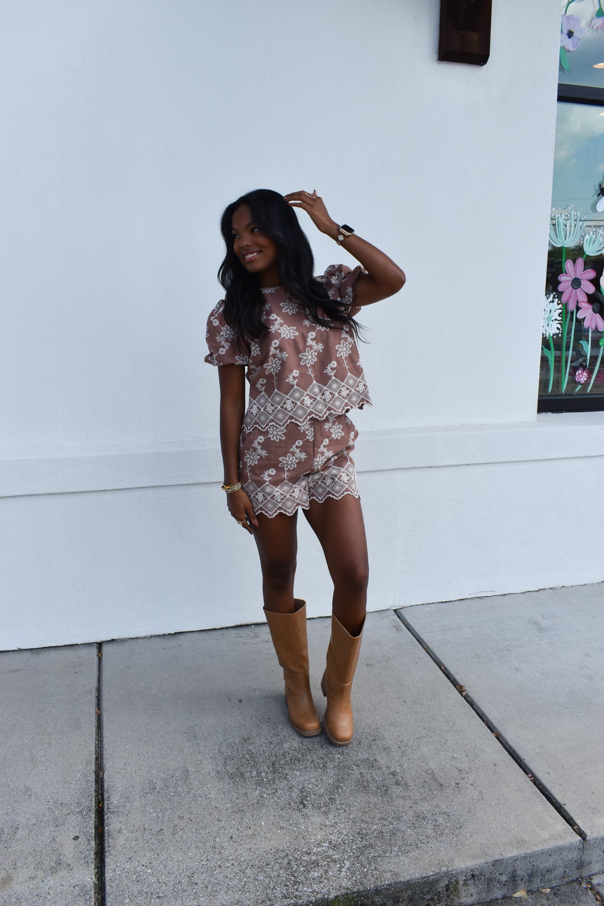 Embroidered Puff Sleeve Top W/ Scalloped Hem