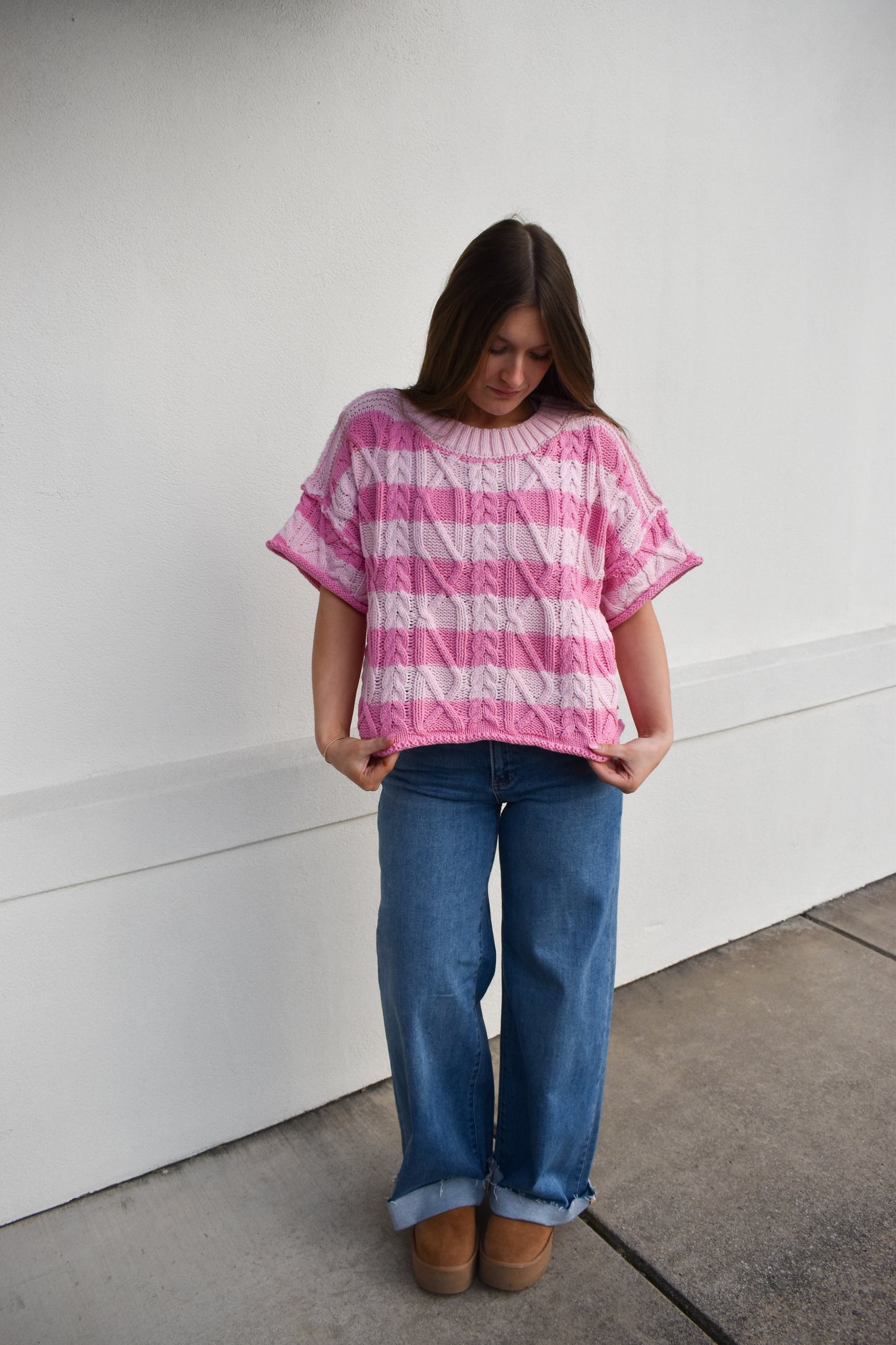 Pink Stripe Round Neck Knit Sweater Top