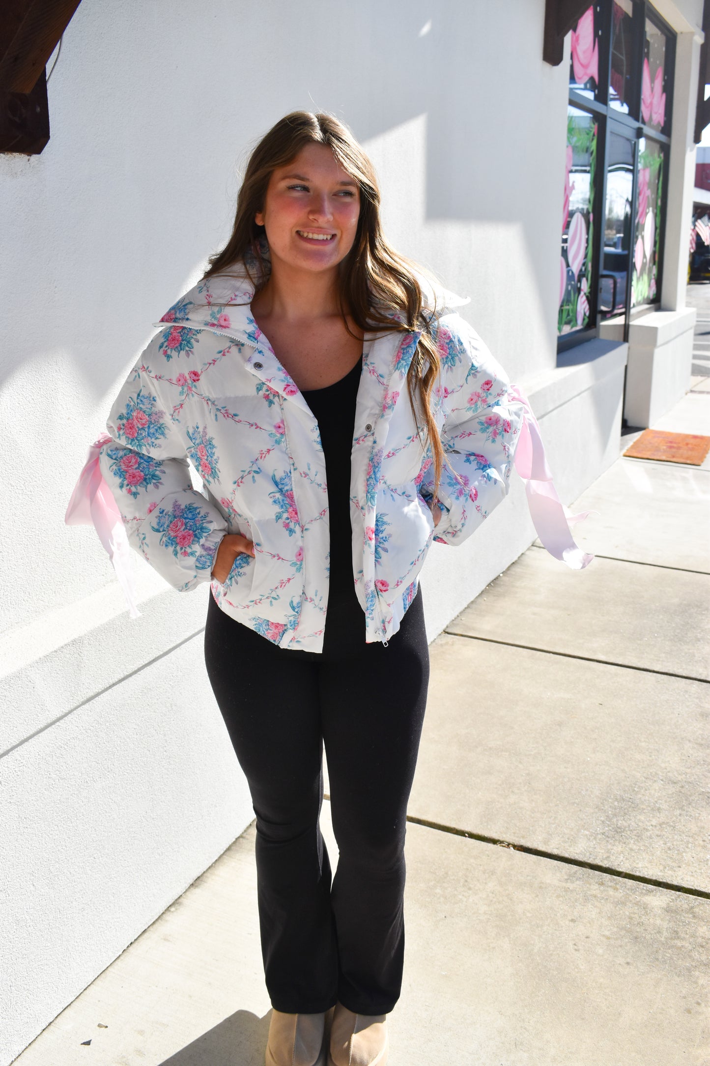 Floral Print Bow Knot Puffer Jacket