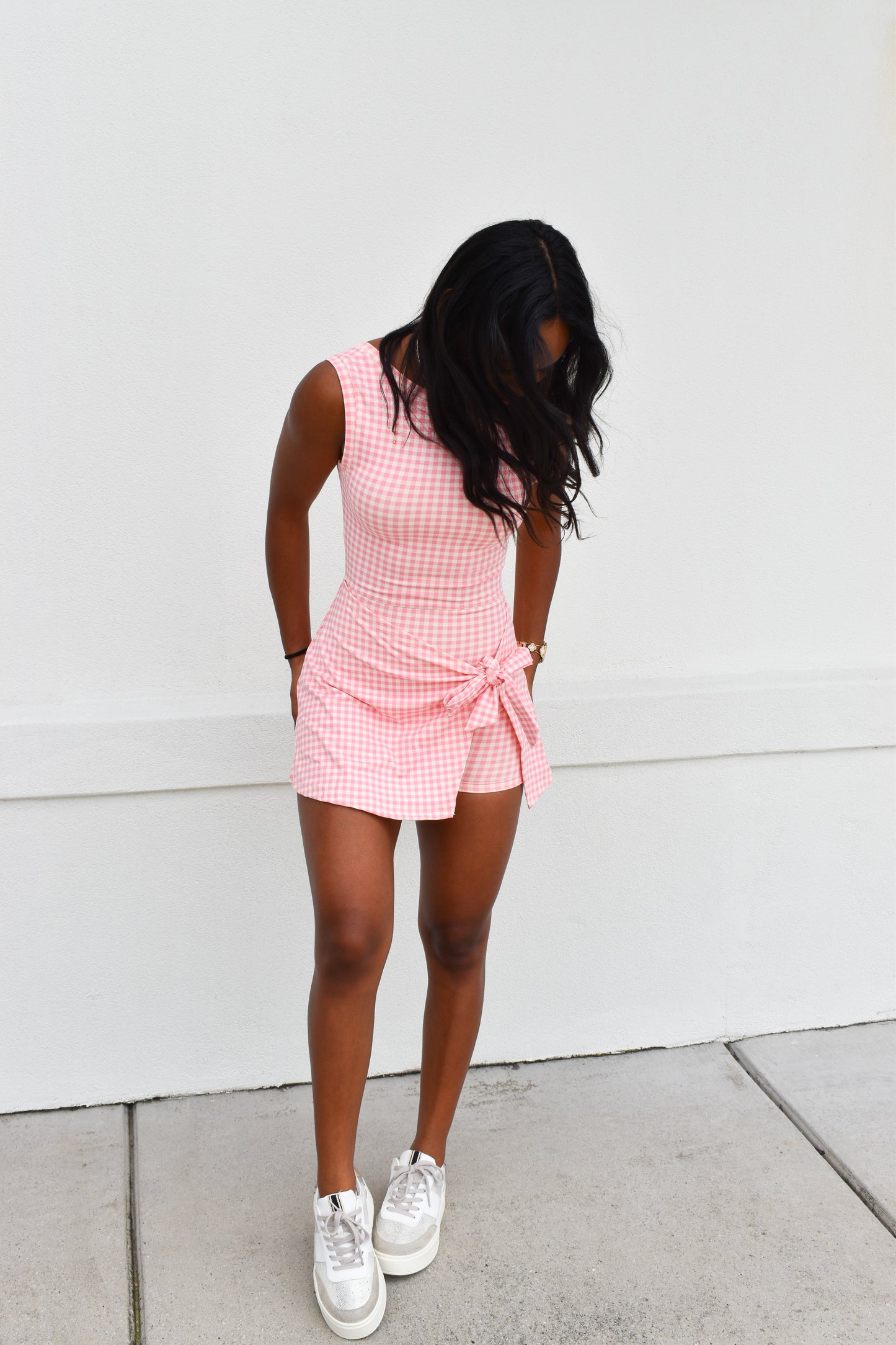 Gingham Athletic Wrap Tie Dress: Light Pink