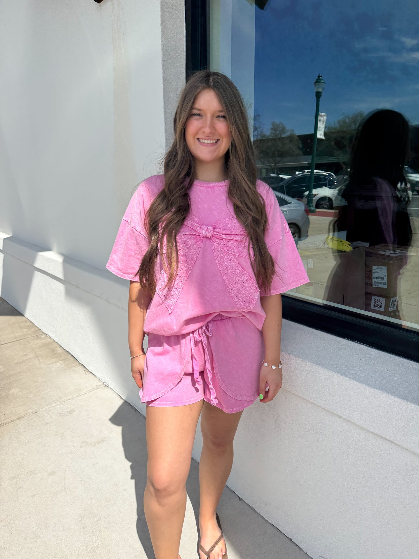 Mineral Wash Ribbon Bow Half Sleeve Shirt
