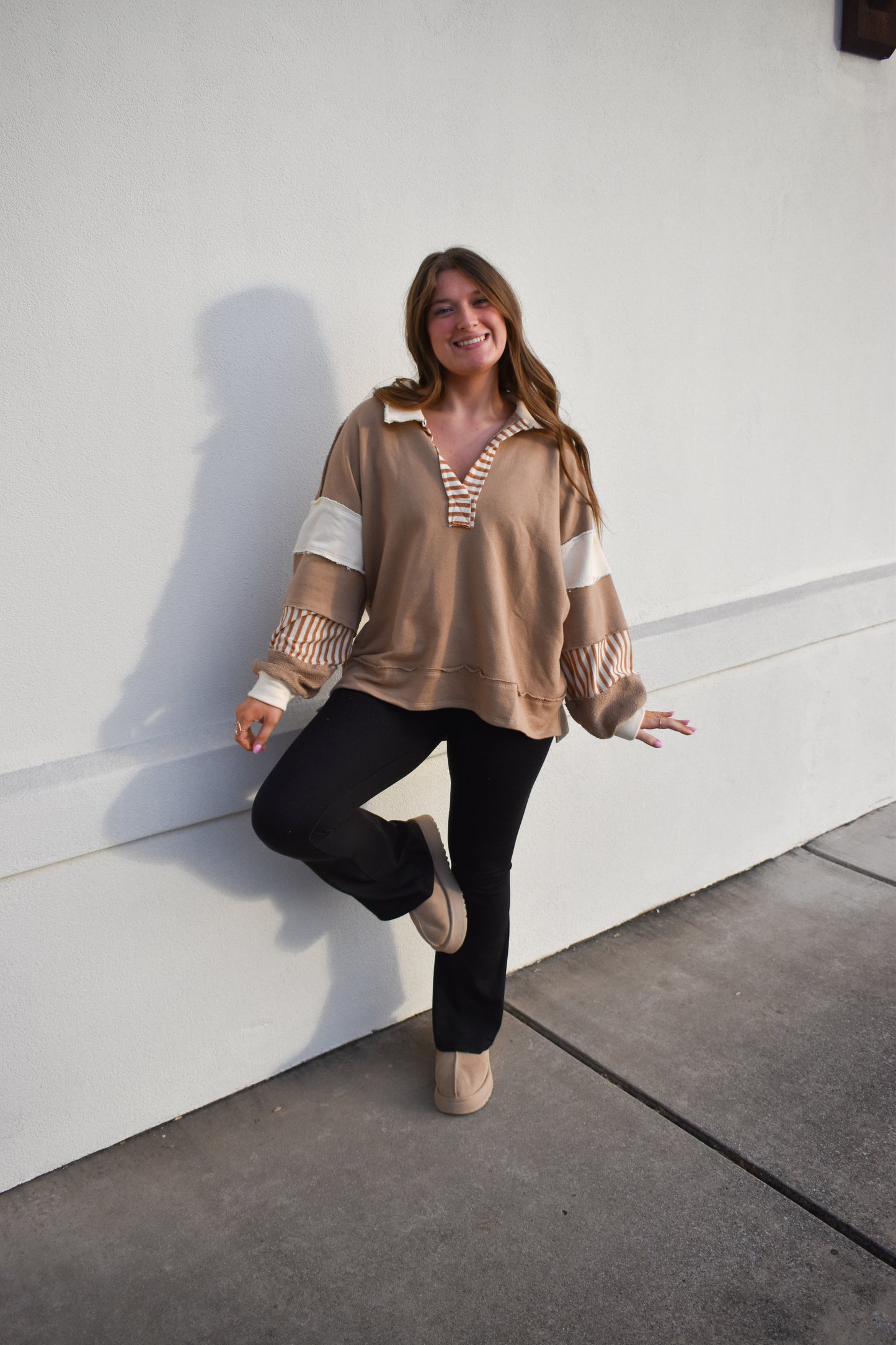 Terry Knit Collared Top: Brown/Cream