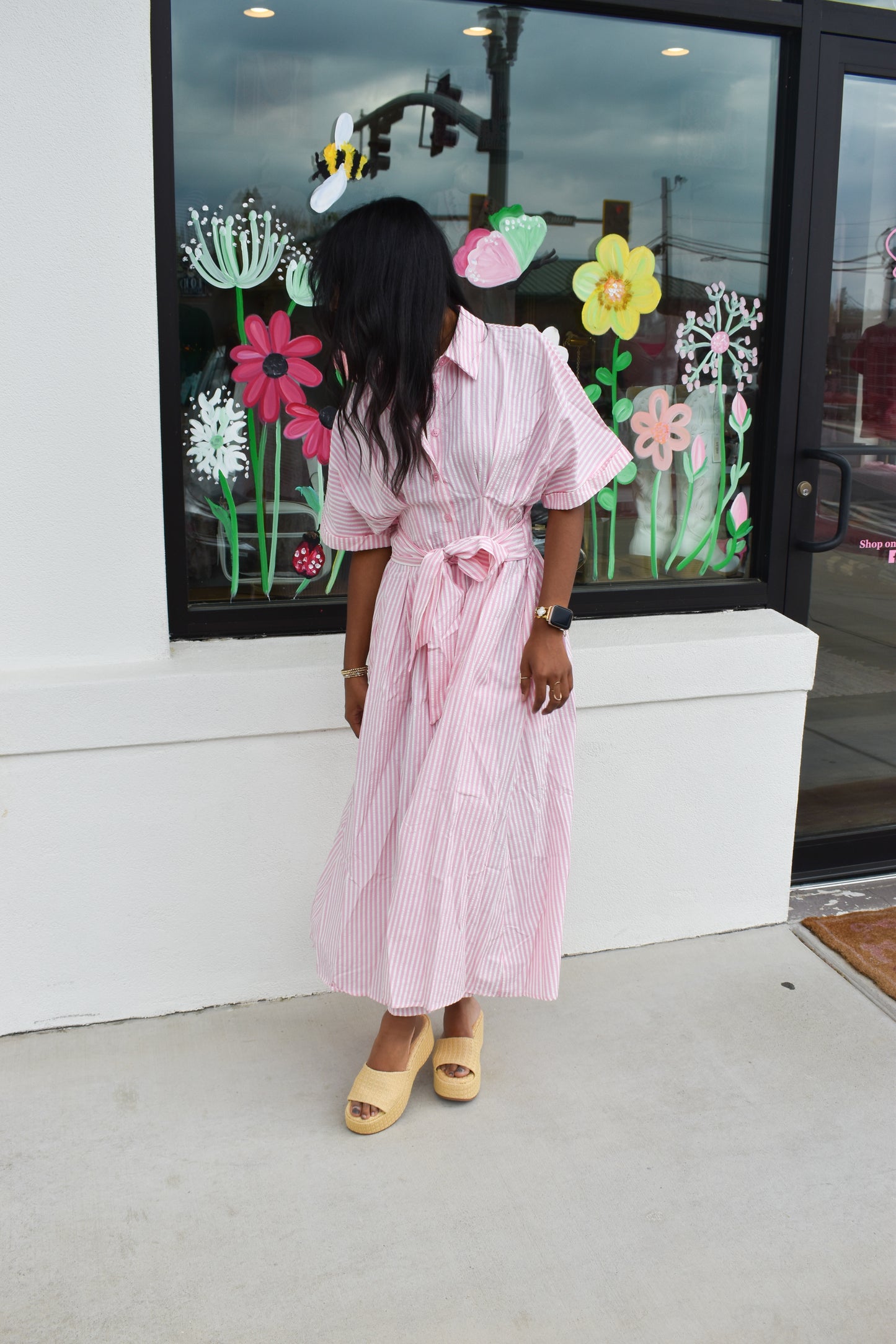 Seer Sucker Striped W/ Bow Tie Maxi Dress