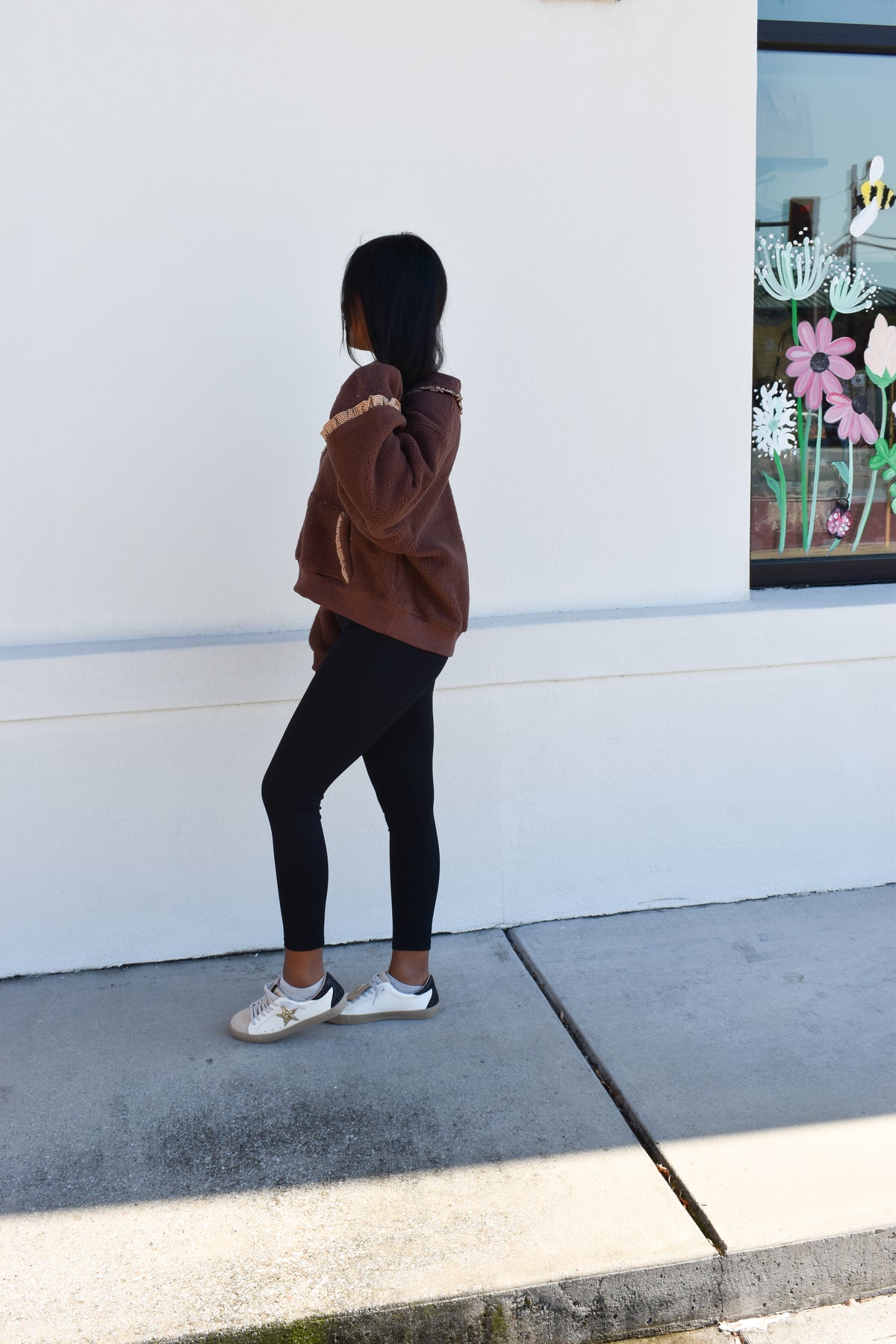 Gingham Fleece Collared Pullover: Brown