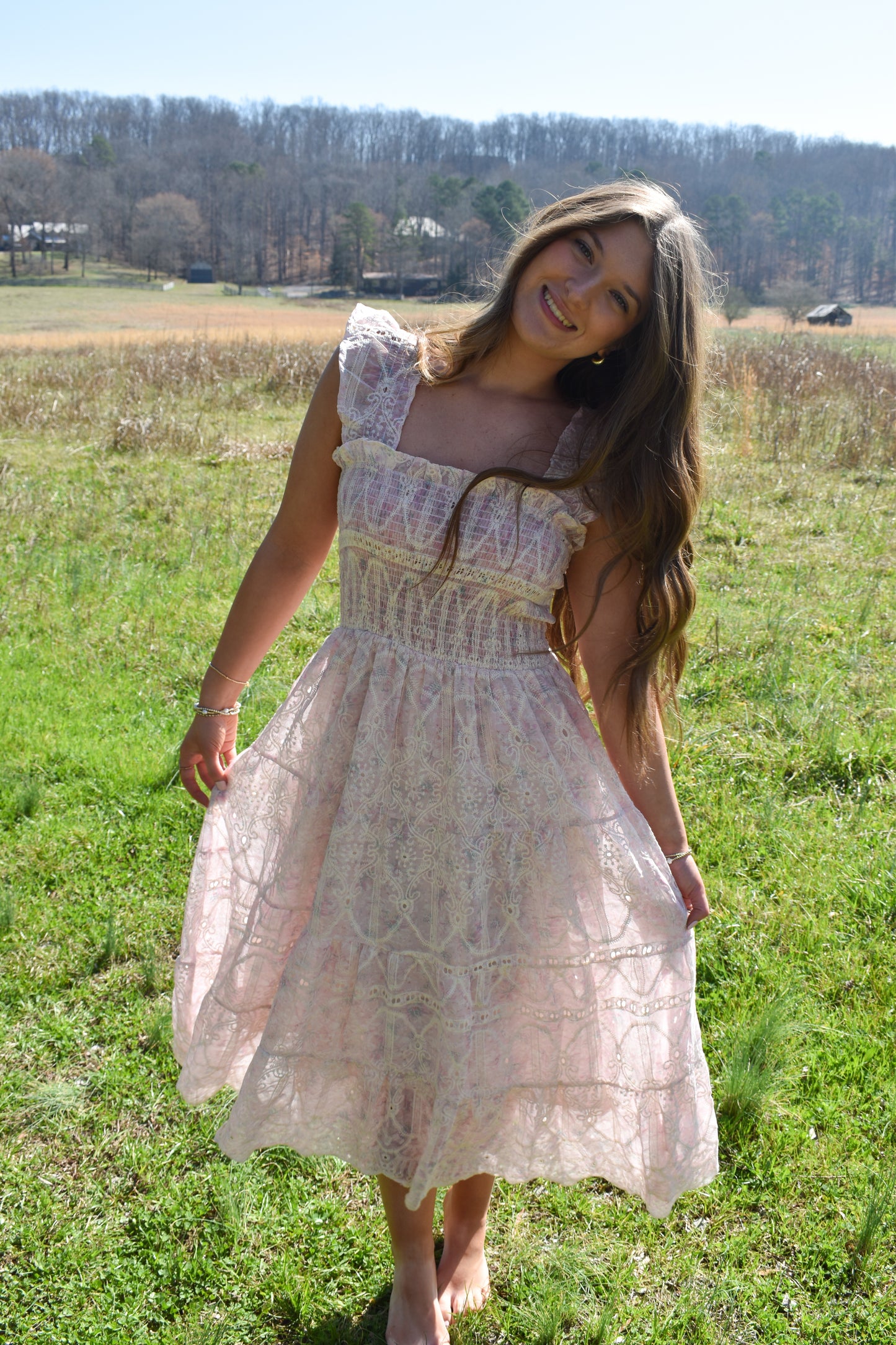 Whimsical Lace Flutter Sleeve Midi Dress