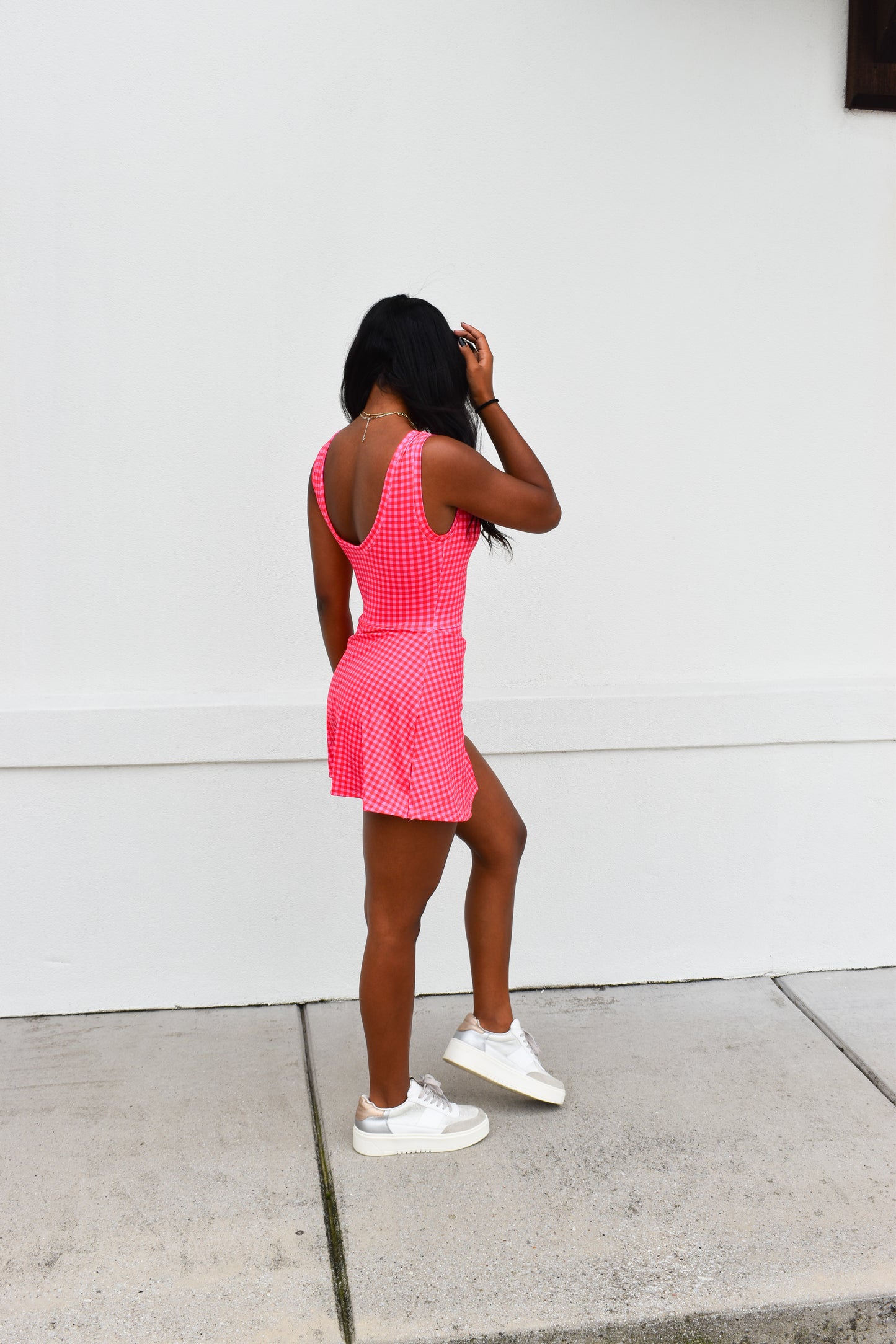 Gingham Athletic Wrap Tie Dress: Hot Pink