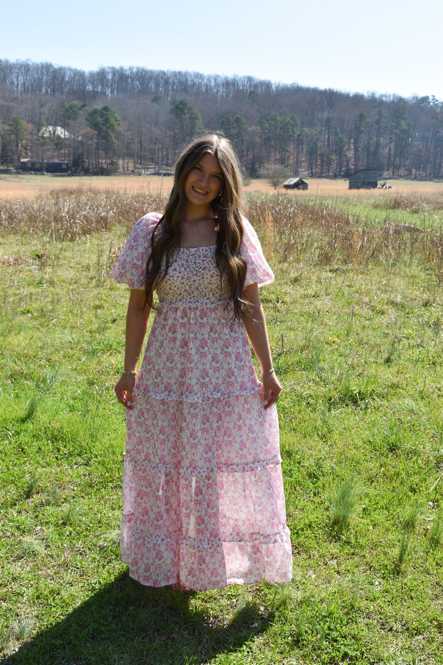 Bubble Floral Bow Maxi Dress