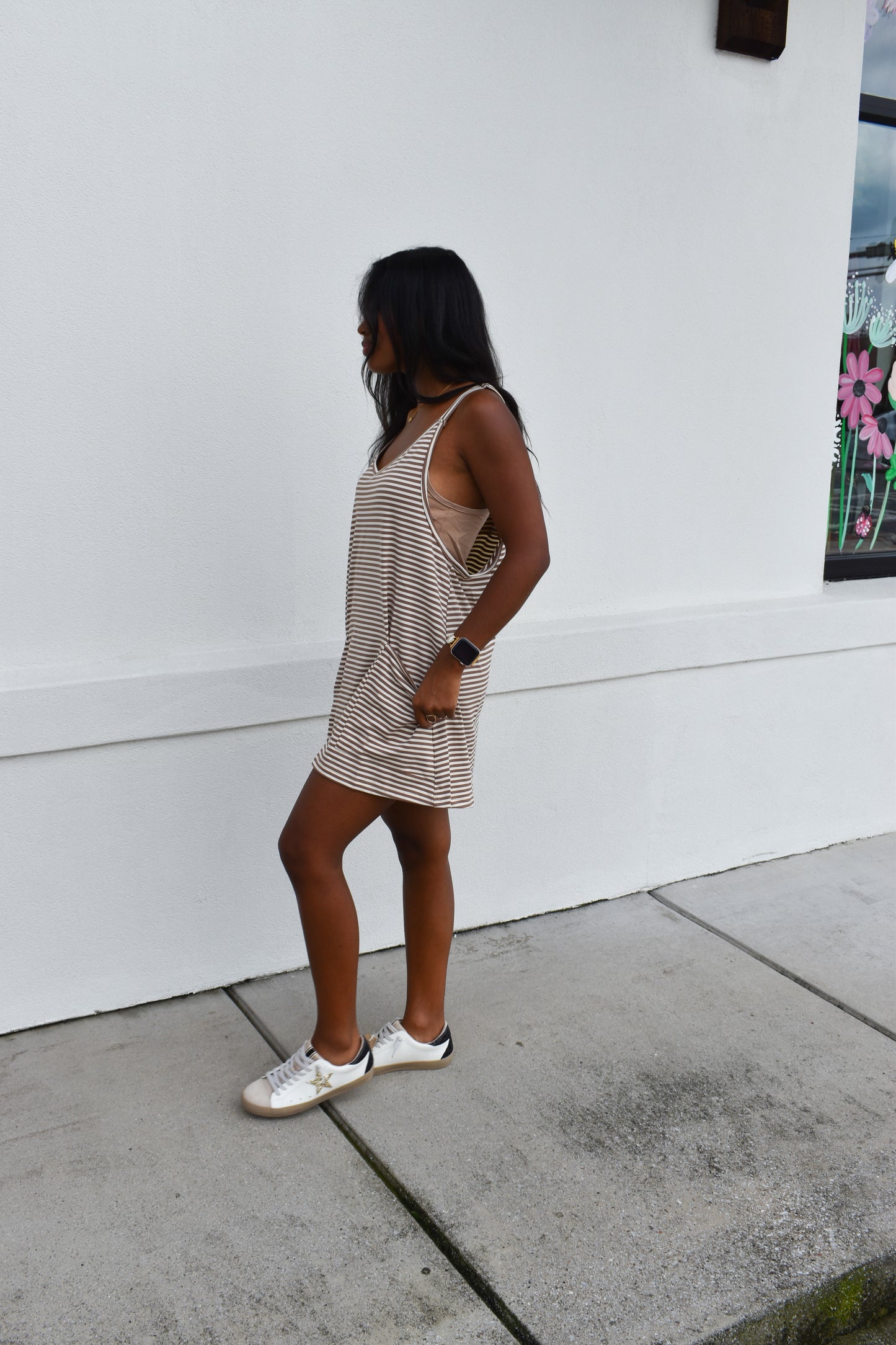 Striped Romper Dress W/ Built In Romper: Brown