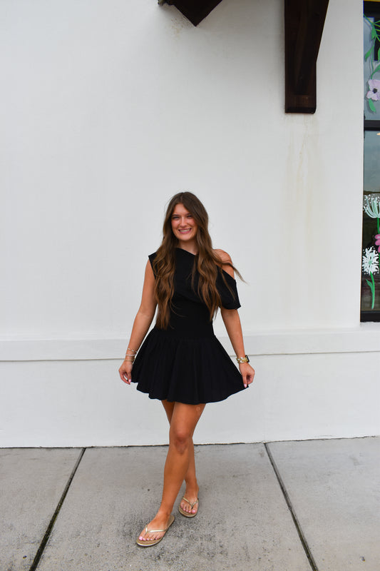 Off Shoulder Smocked Waist Dress: Black