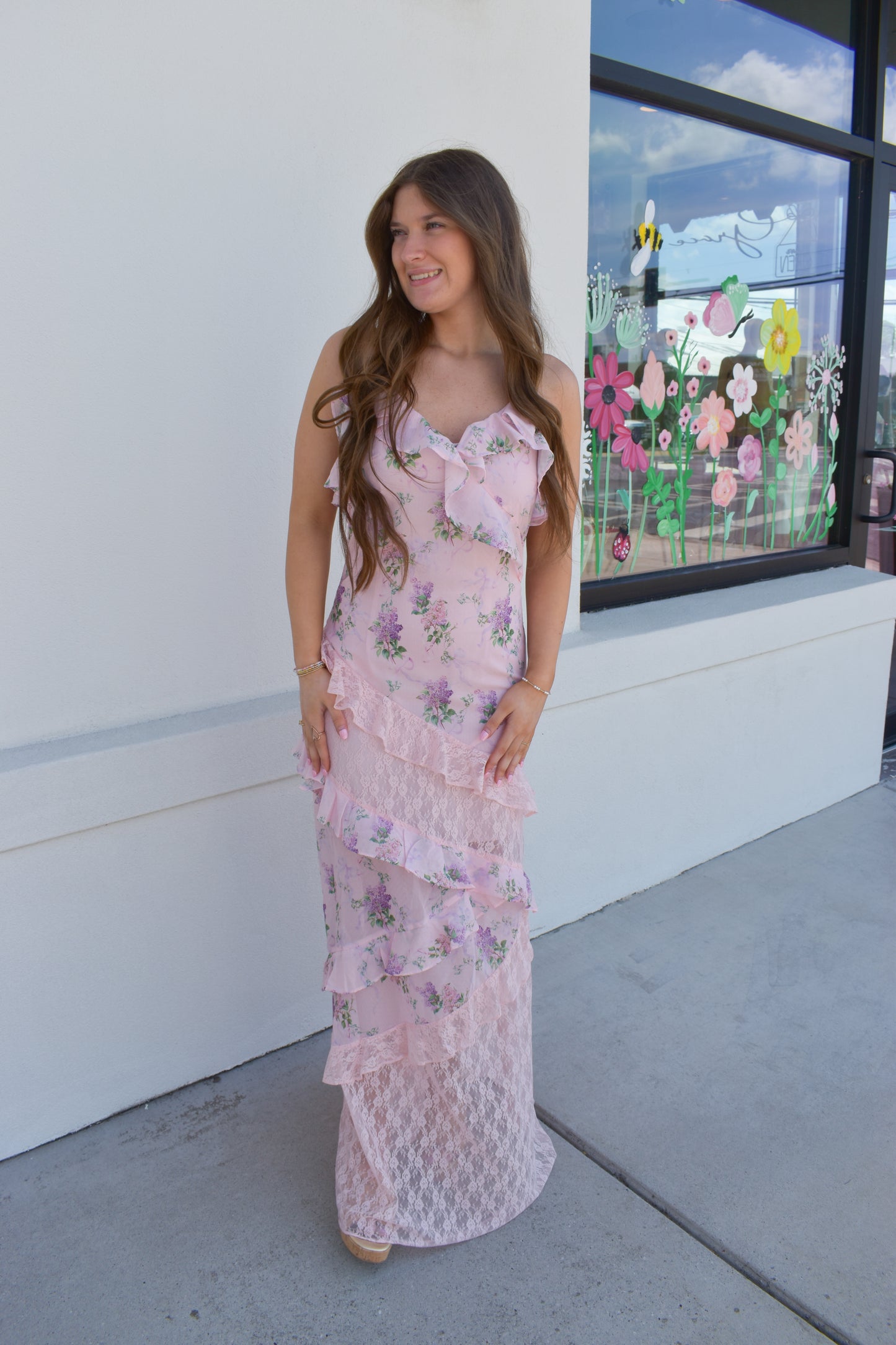 Floral Lace Ruffle Maxi Dress