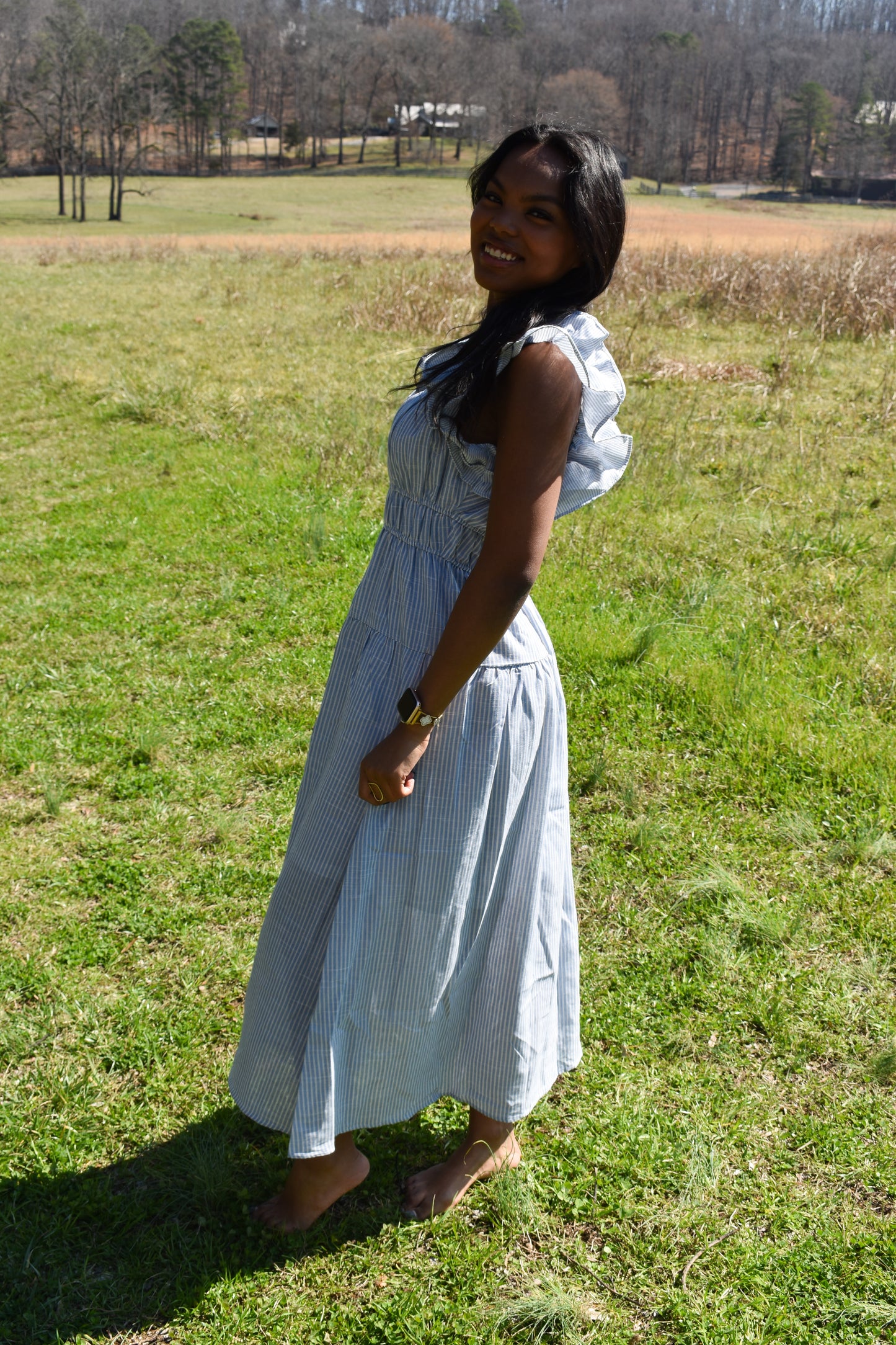 Shoulder Ruffle Stripe Midi Dress