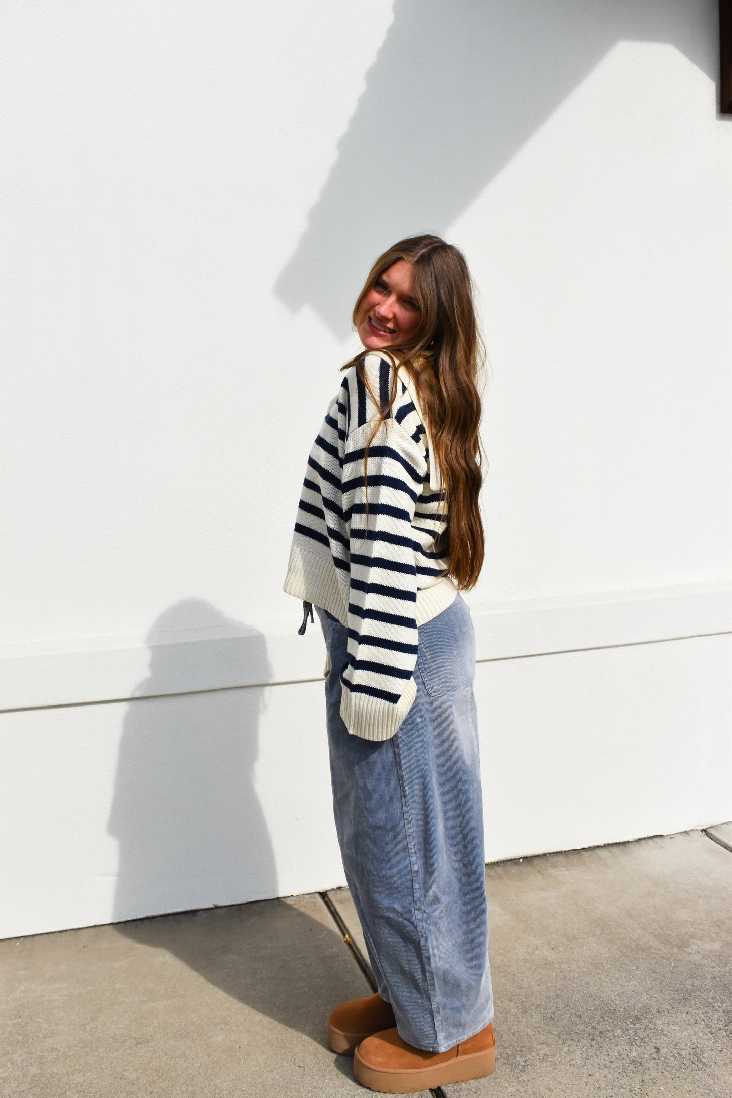 Cream/Navy Striped Collared Knit Sweater