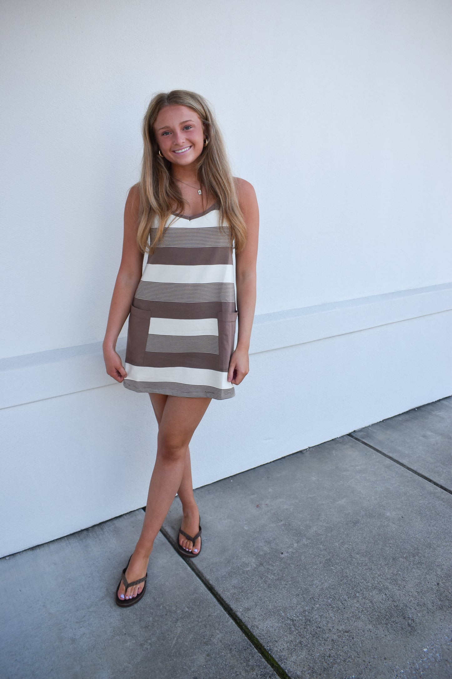 Stripe Mini Dress W/ Built In Romper Lining: Mocha