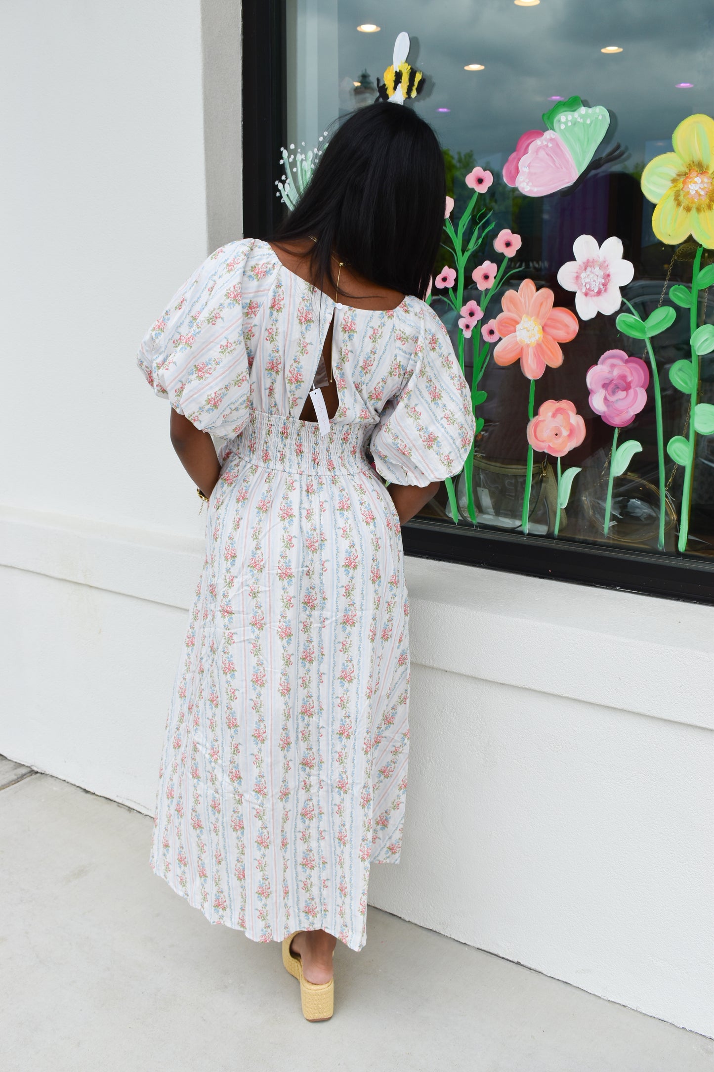 Floral Bubble Maxi Dress W/ Pin Stripe Detail