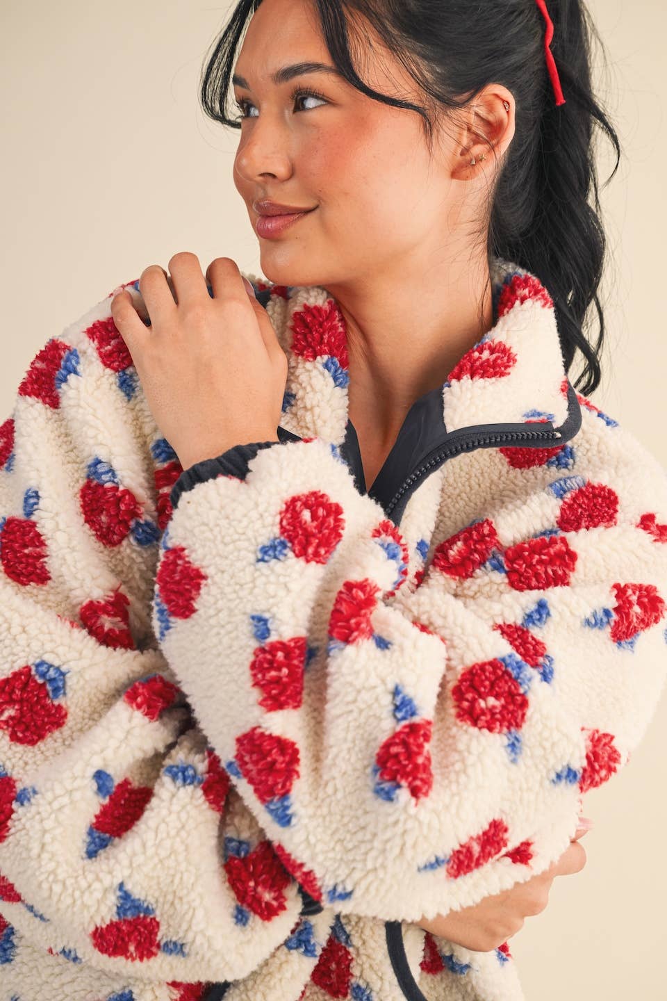 Cozy Oversized Rose Pattern Fleece Zip Up Jacket