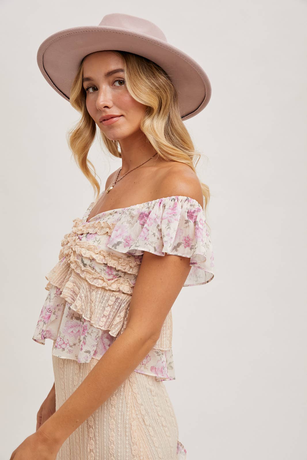Floral Print Ruffle Lace Sweetheart Top