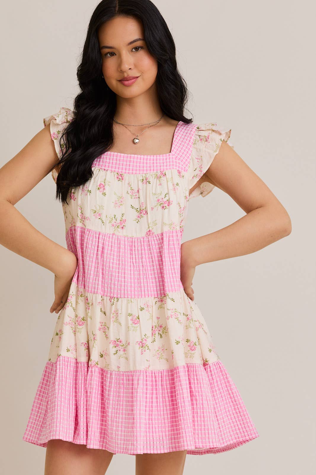 Mini Dress W/ Mixed Floral Print and Pink Gingham