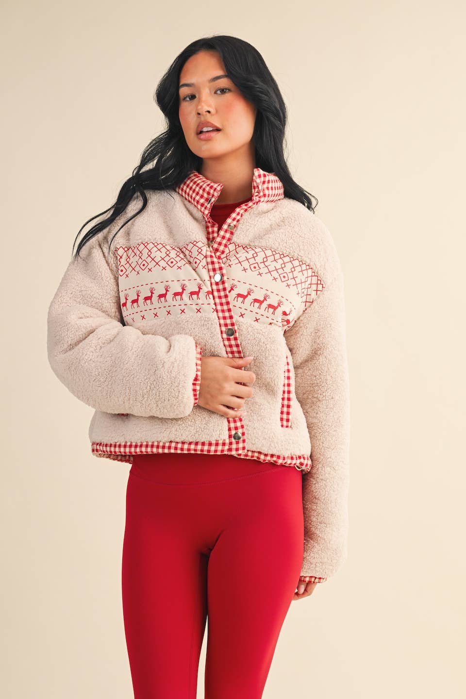 Cozy Sherpa Jacket with Gingham Lining and Holiday Trim