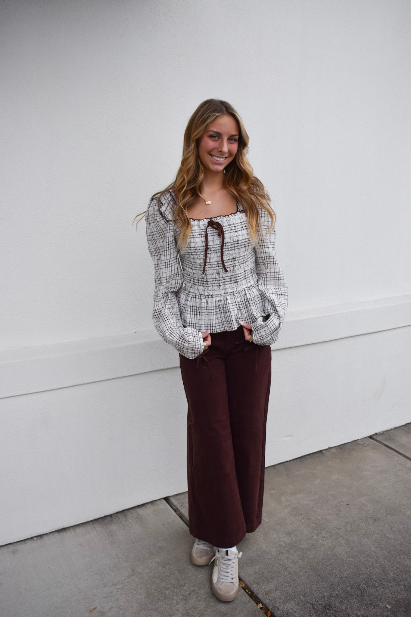 Plaid Smocked Babydoll Blouse