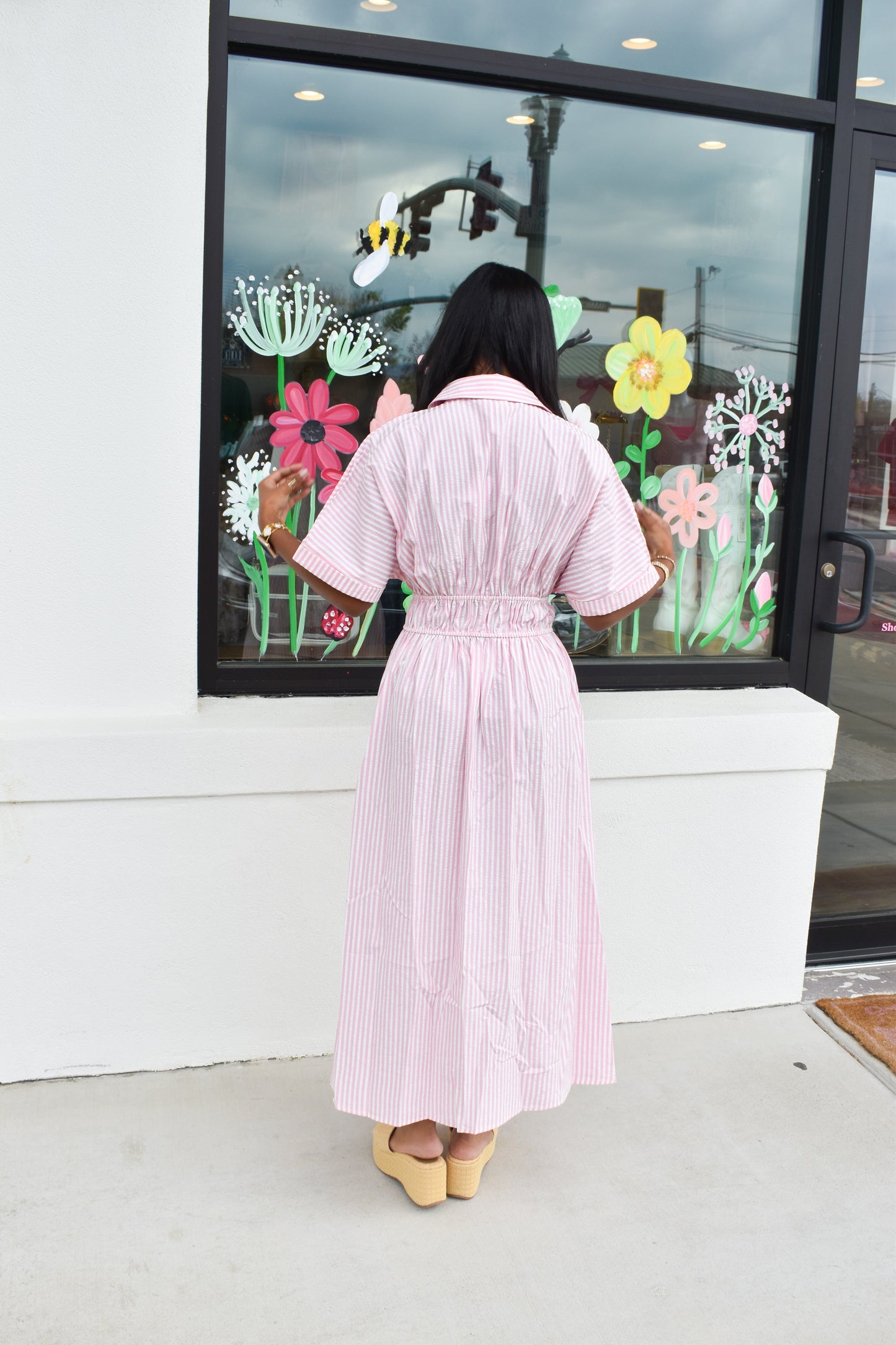 Seer Sucker Striped W/ Bow Tie Maxi Dress
