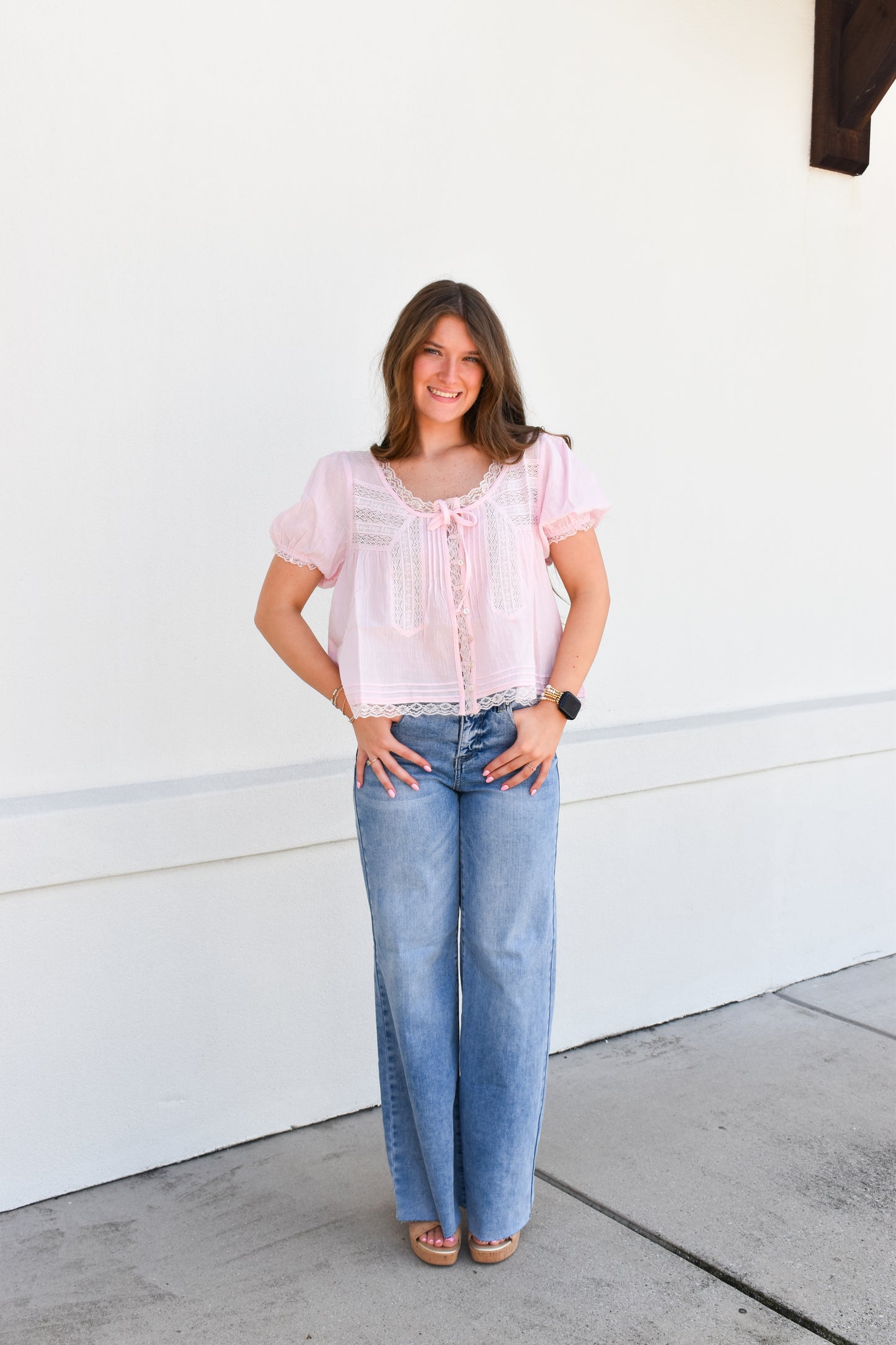Risen Tummy Control High Rise Ankle Pallazo Jeans: Light Wash