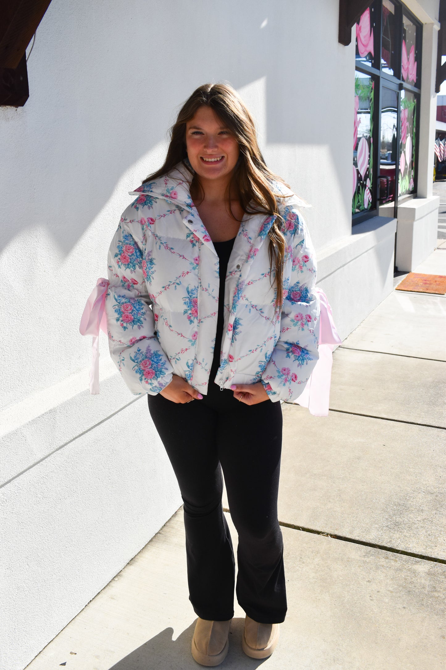 Floral Print Bow Knot Puffer Jacket