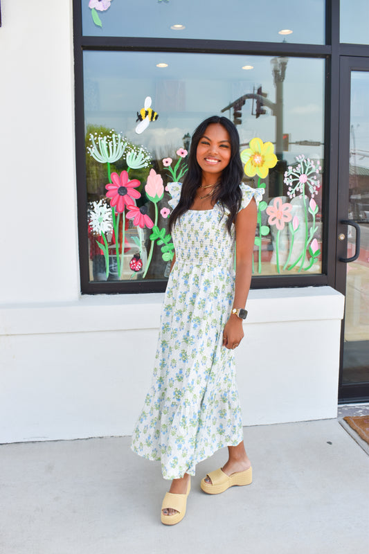Floral Tile Smocked Maxi Dress