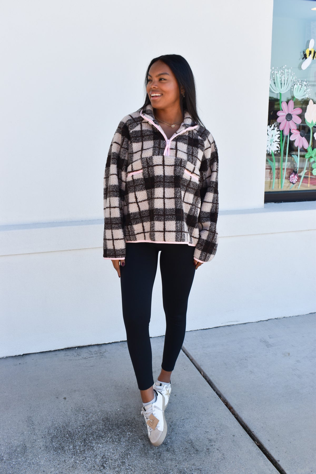 Plaid Sherpa Half-Zip W/ Pink Detail
