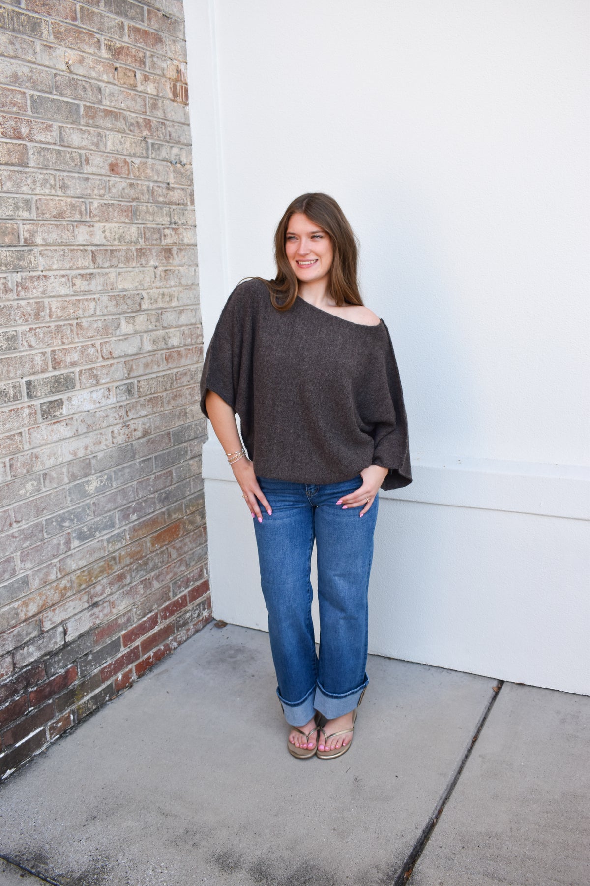 Gloria One Shoulder Knit Top: Brown